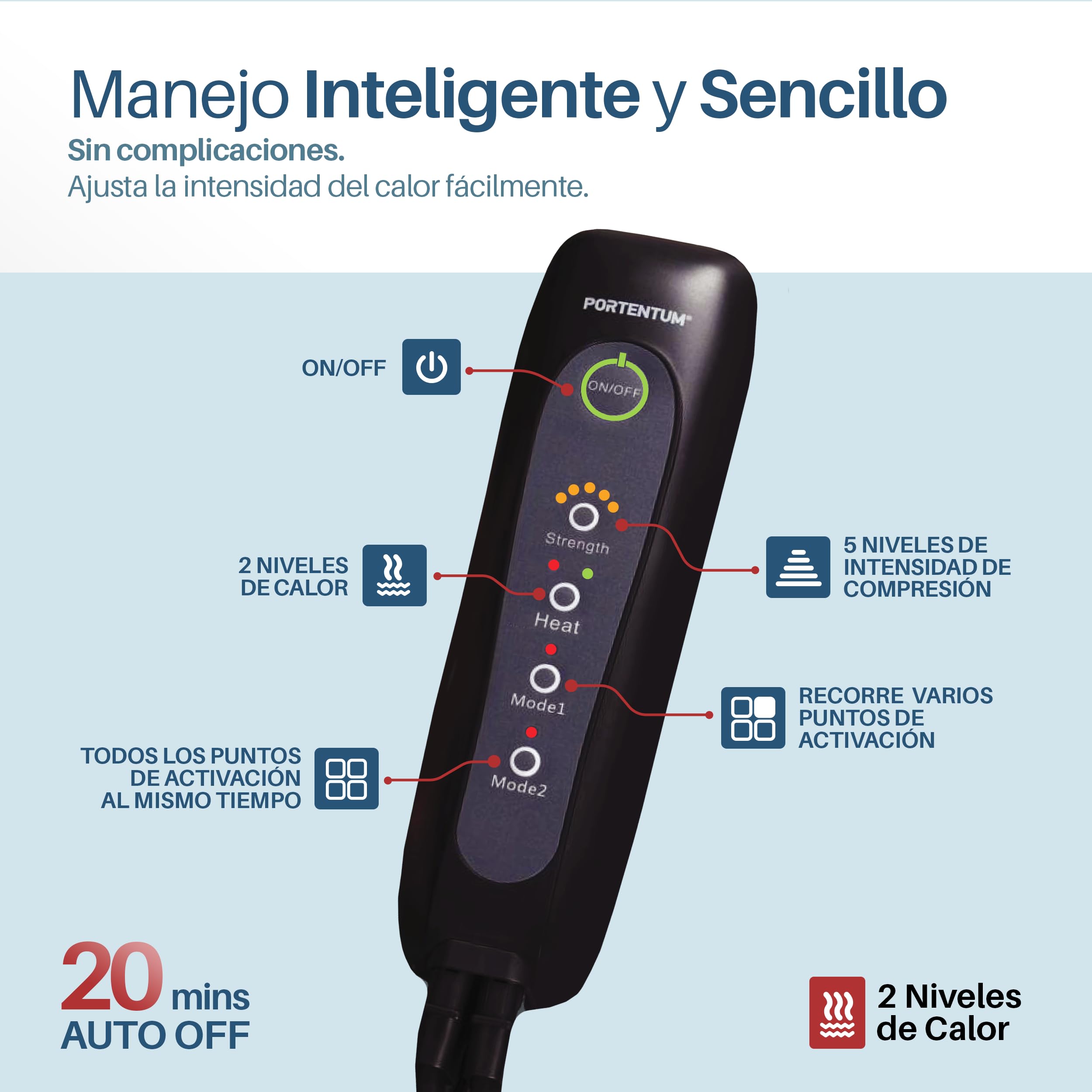 PORTENTUM Botas de presoterapia para casa con calor regulable – Masajeador piernas con 5 niveles de compresión de aire – Mando – Alivia piernas cansadas y mejora la circulación – Bolsa transporte