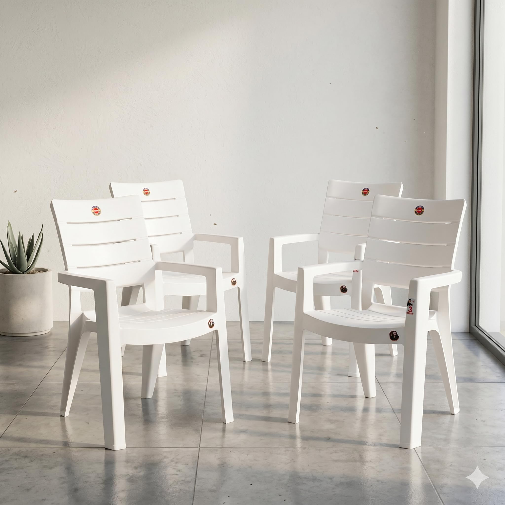 Cello Jordan Polypropylene Plastic Arm Chair | Modern Multipurpose Seating for Home, Office, Garden & Balcony | Ergonomic Indoor & Outdoor Furniture (Color: White, Set of 4 piece)-image-12