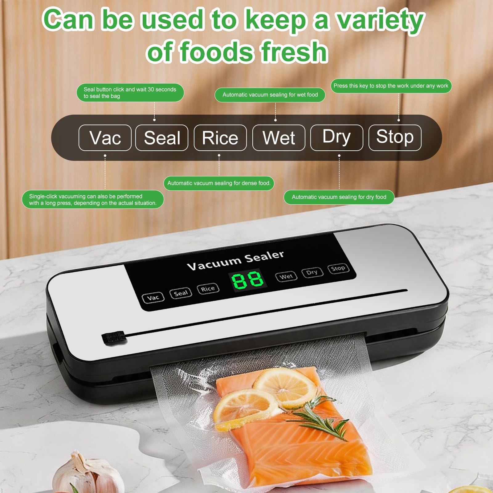 Macchina sottovuoto, con luce UV 80 KPa, con display digitale, per cucina, casa, caccia e pesca, coltello da taglio integrato, saldatura termica, 50 sacchetti pretagliati in omaggio