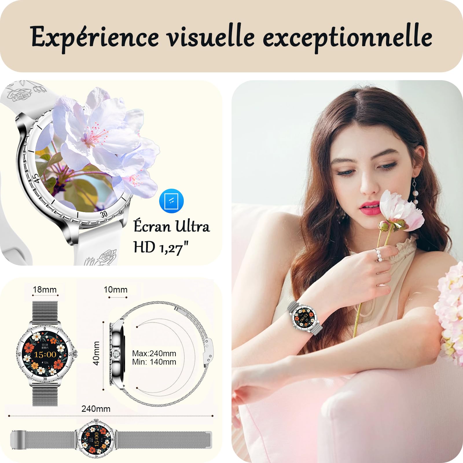 Montre Connectée Femme avec Appel Bluetooth, 1,27" Smartwatch avec Fréquence Cardiaque/SpO2/Sommeil Montre, 120+ Mode Sportifs Montre, IP68 étanche Fitness Podomètre Compatible pour Android iOS