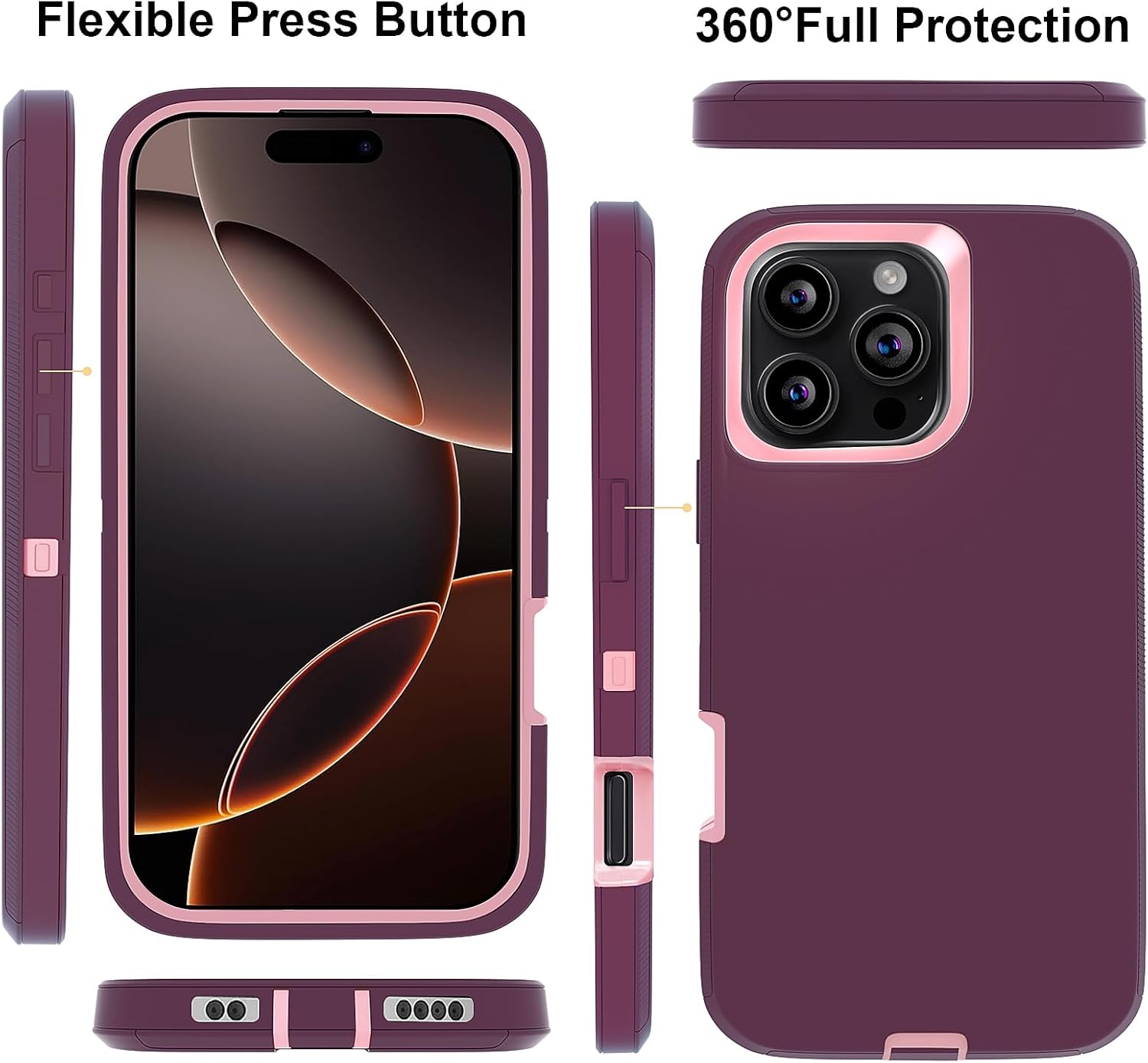 Gase for iPhone 16 Pro Case 6.3" with 2 Screen Protector + 2 Camera Lens Protector, Full Body Heavy Duty Military Grade Cover, Shockproof/Drop Proof Protection Phone Case (Wine Red Pink) - Image 3
