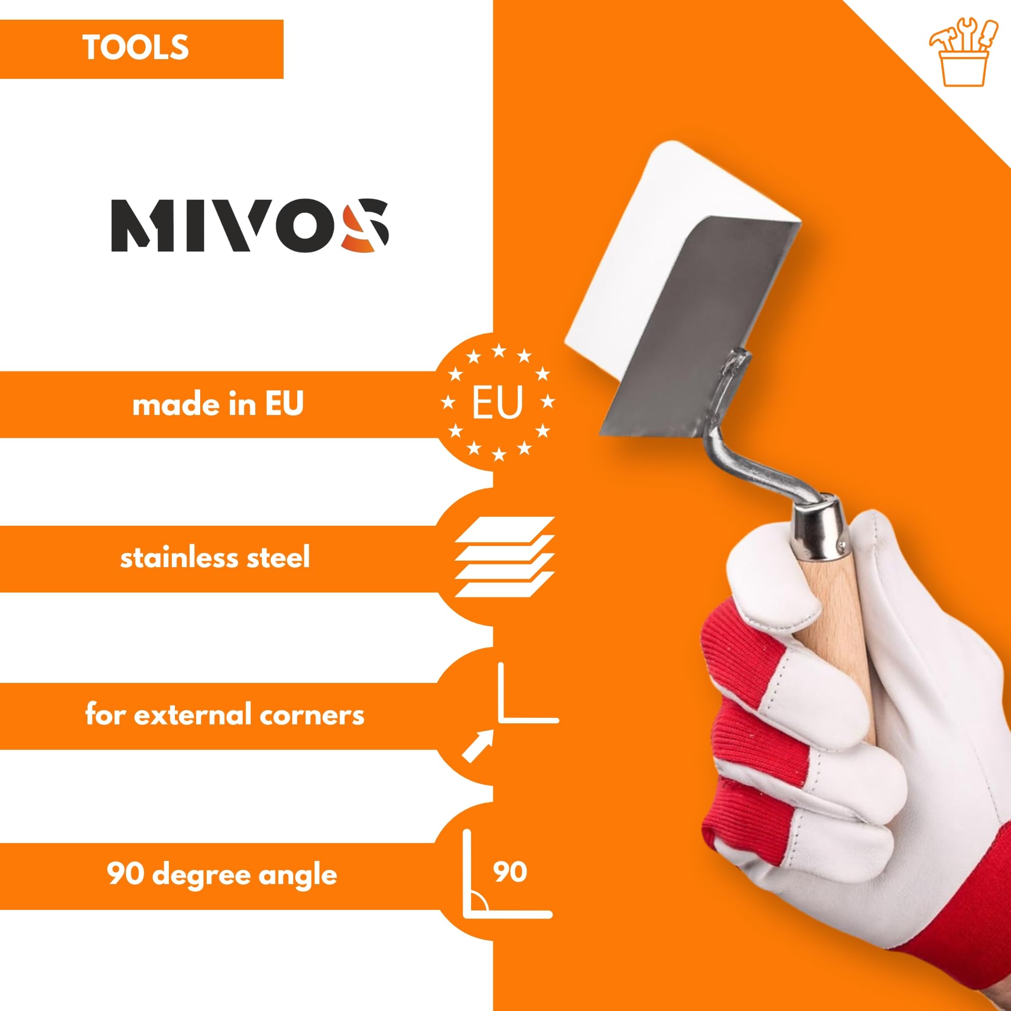 Mivos Stainless Steel Outdoor Corner Trowel, Rustproof 80 x 60 mm, Wooden Handle, 90° Angle, EU Made - Image 2