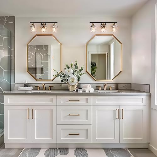 Miniatura 3 de KSANA Lámpara de tocador negra y latón, moderna lámpara de baño de oro negro con pantalla de vidrio texturizado de agua, iluminación de baño de 3