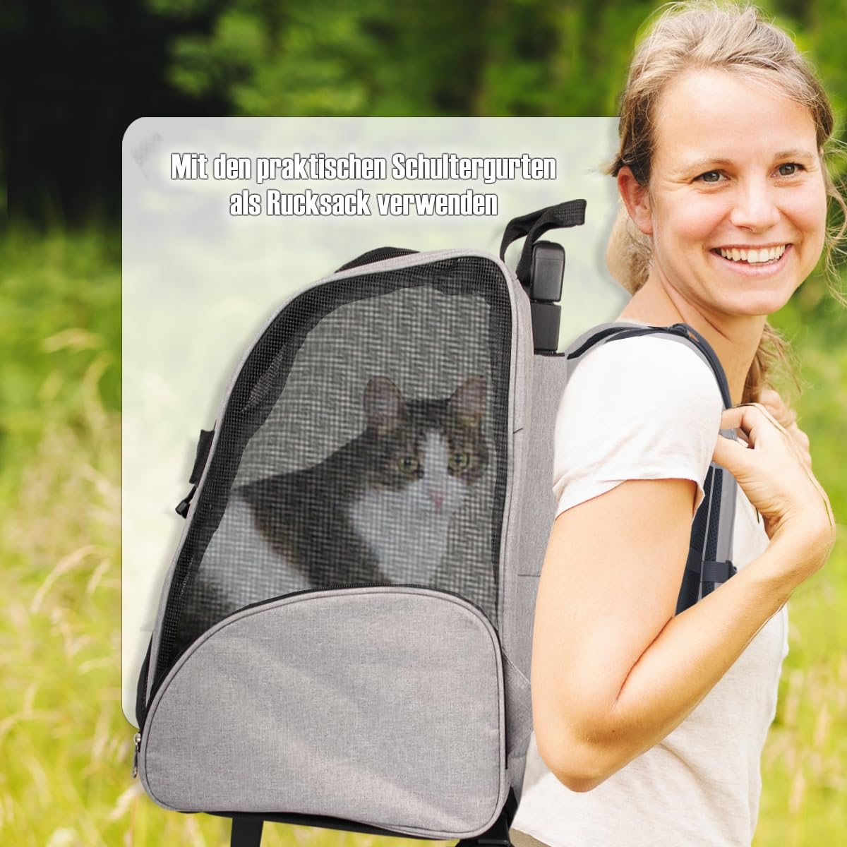 2IN1 Transporttasche mit Rollen bis 15kg Rucksack Trolley Hund Katze Hunderucksack Tasche (Melange-Grau)