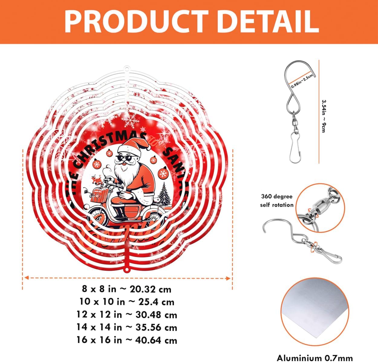 The Christmas with Santa Christmas Wind Spinners 3D Stainless Steel Laser Cut Metal Double Sided Printing-Hanging Indoor/Outdoor Decorations Yard Gardening Decor,Metal Kinetic Art 16x16 inches
