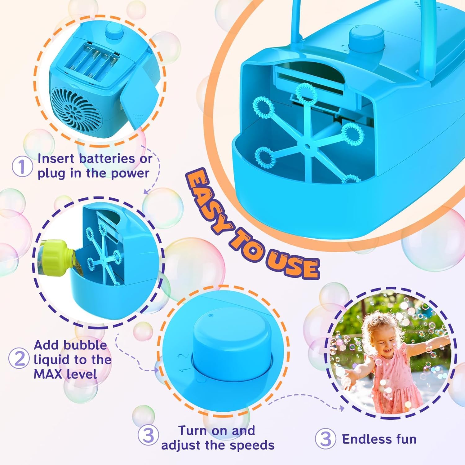 Seifenblasenmaschine, 18000+ Seifenblasenmaschine pro Minute, Gebläse für Kinder, Kleinkinder, 2 Geschwindigkeiten, 6 Stäbe, batteriebetrieben oder steckbar, für drinnen und draußen, Geburtstag, Party