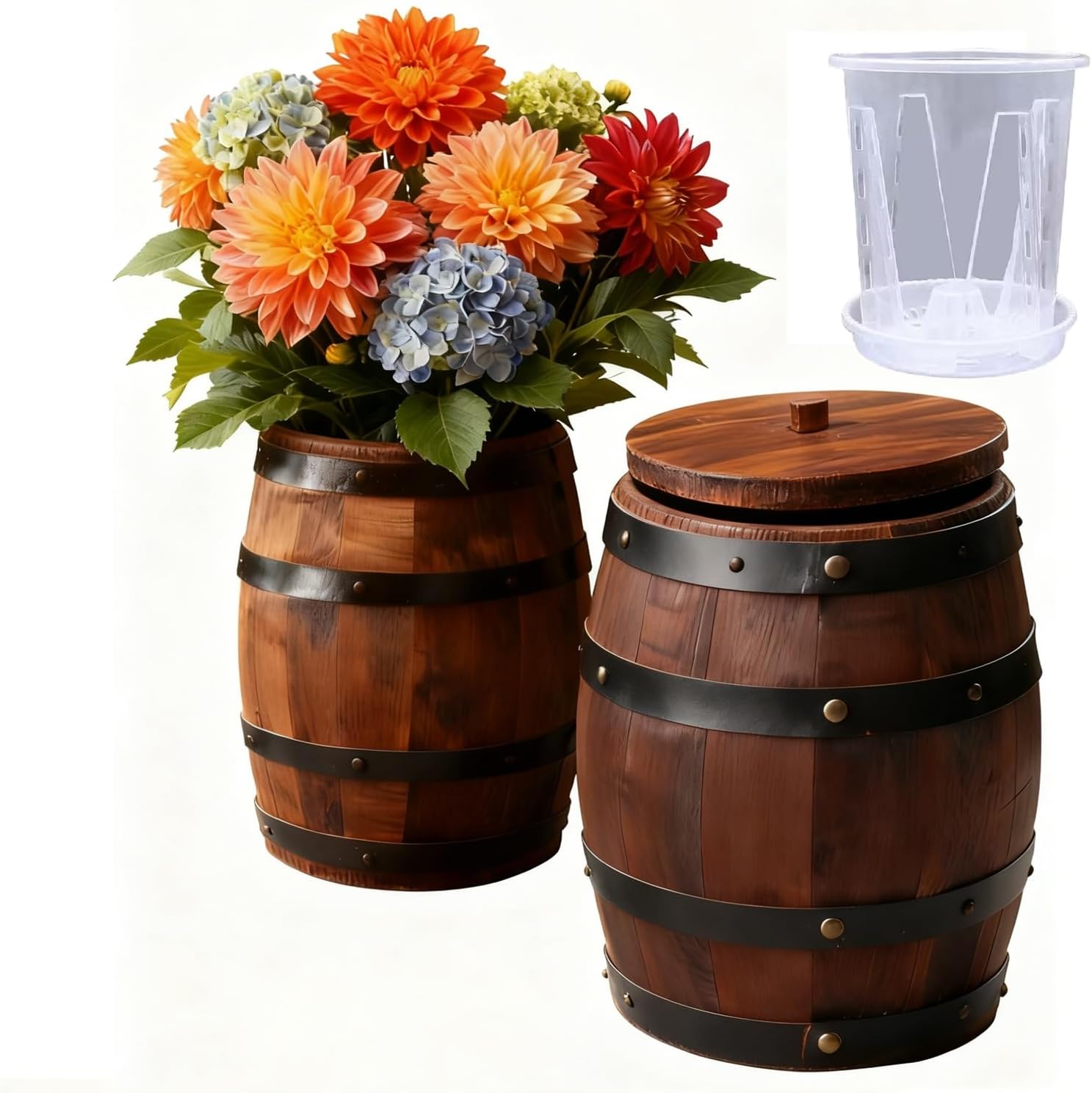 Wood Wine Barrel Vase 6" x 5" – Mini Barrel Rustic Wooden Flower Vase Planter for Wedding Reception, Party Table Decoration,Home Indoor Outdoor Garden, Kitchen,Planting (1)