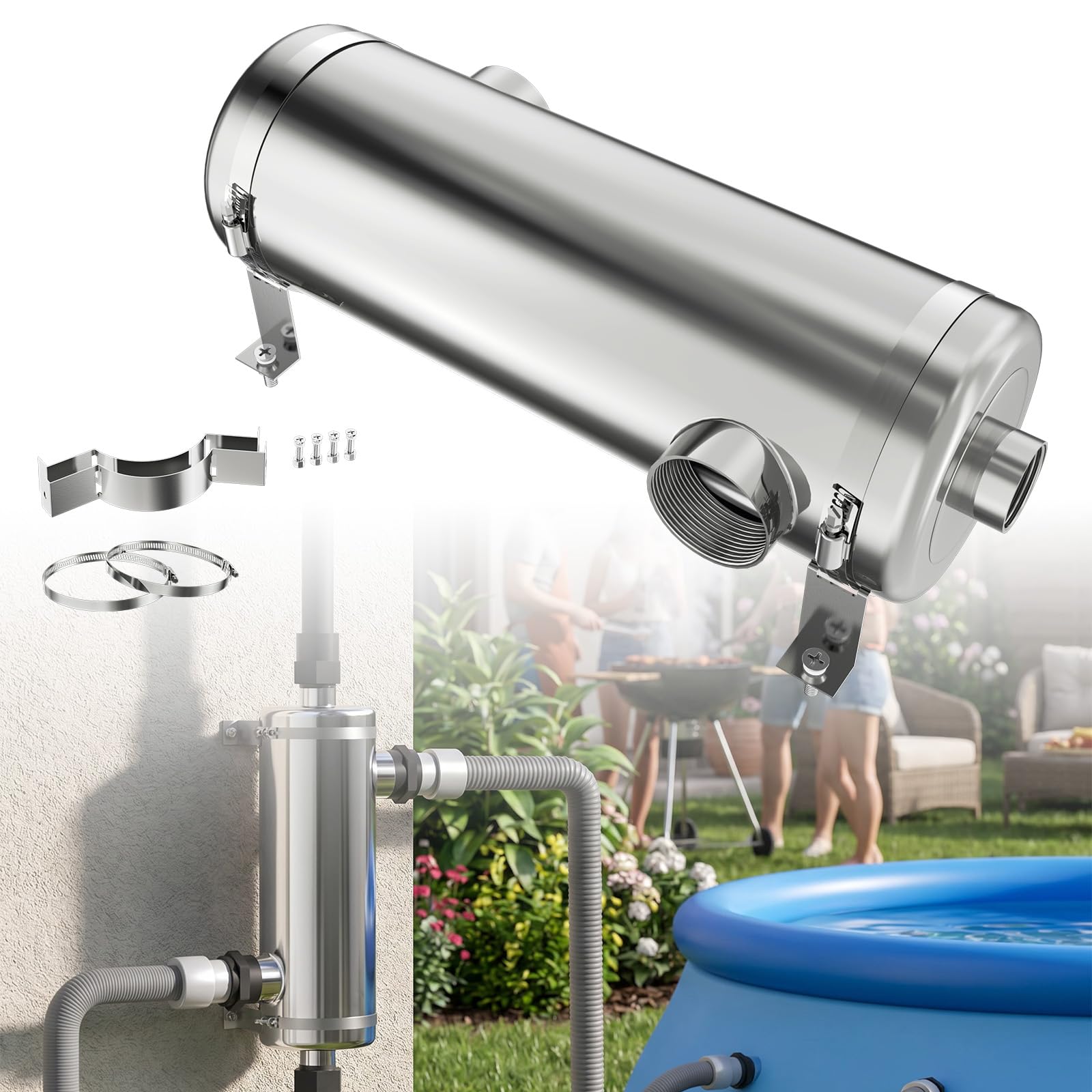 Pool Wärmetauscher Edelstahl 40KW G1½ Anschluss Poolheizung für Schwimmbad SPA Whirlpool
