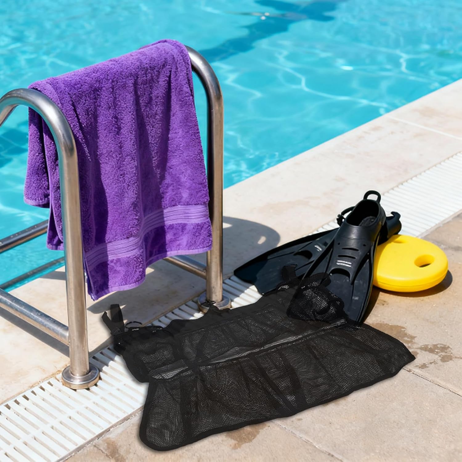 Trampoline Shoe Storage Bag - Pool Mesh Shoe/Sunglasses/Phone Holder with Adjustable Strap & Hook, 24x20 Multiple Pockets Wallet Storage for Poolside