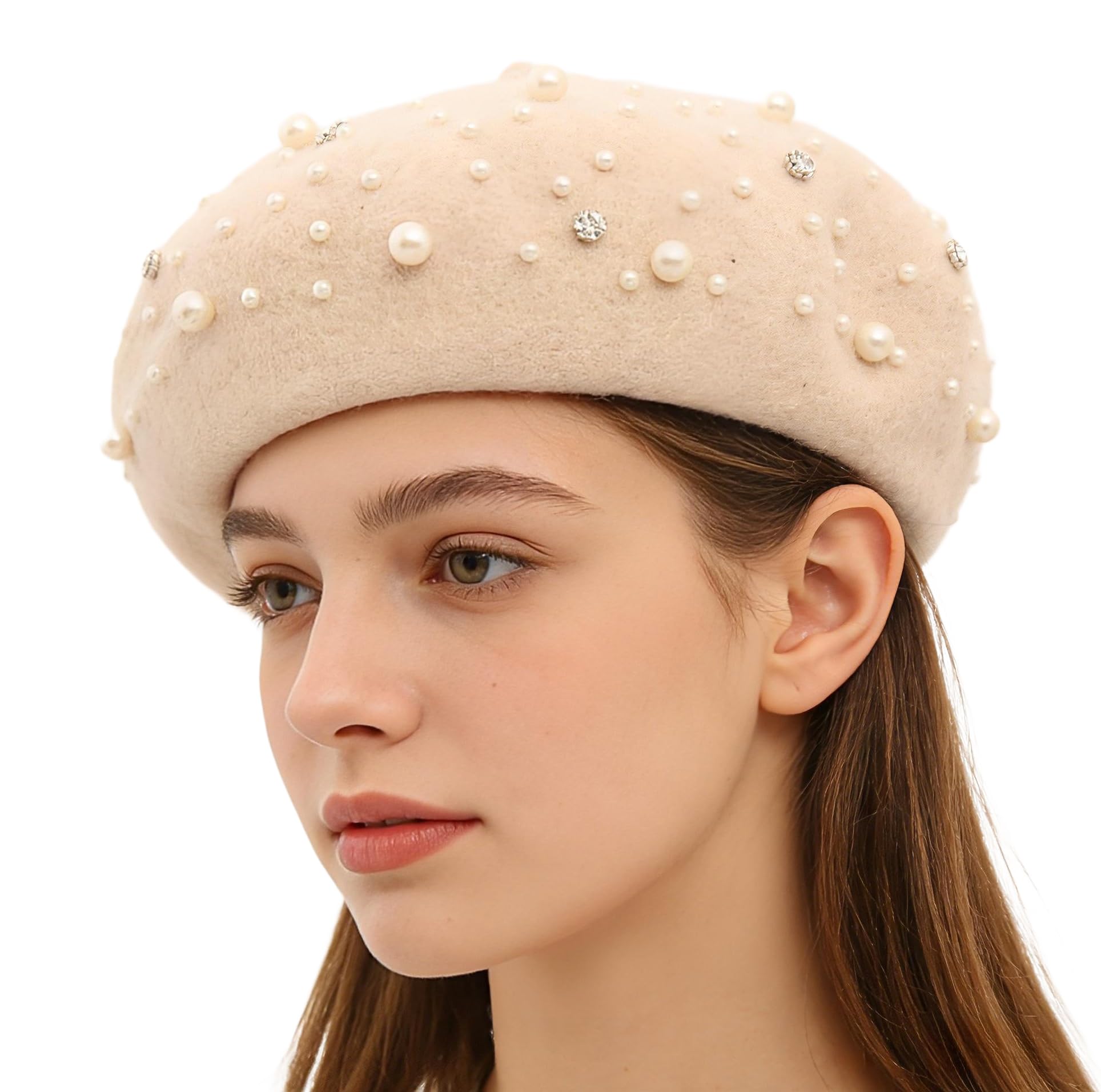 Purfanree Women's Light Beige Girls Beaded Pearl Rhinestone Wool French Beret Hat Winter Artist Painter Hats Beanie Cap, One Size