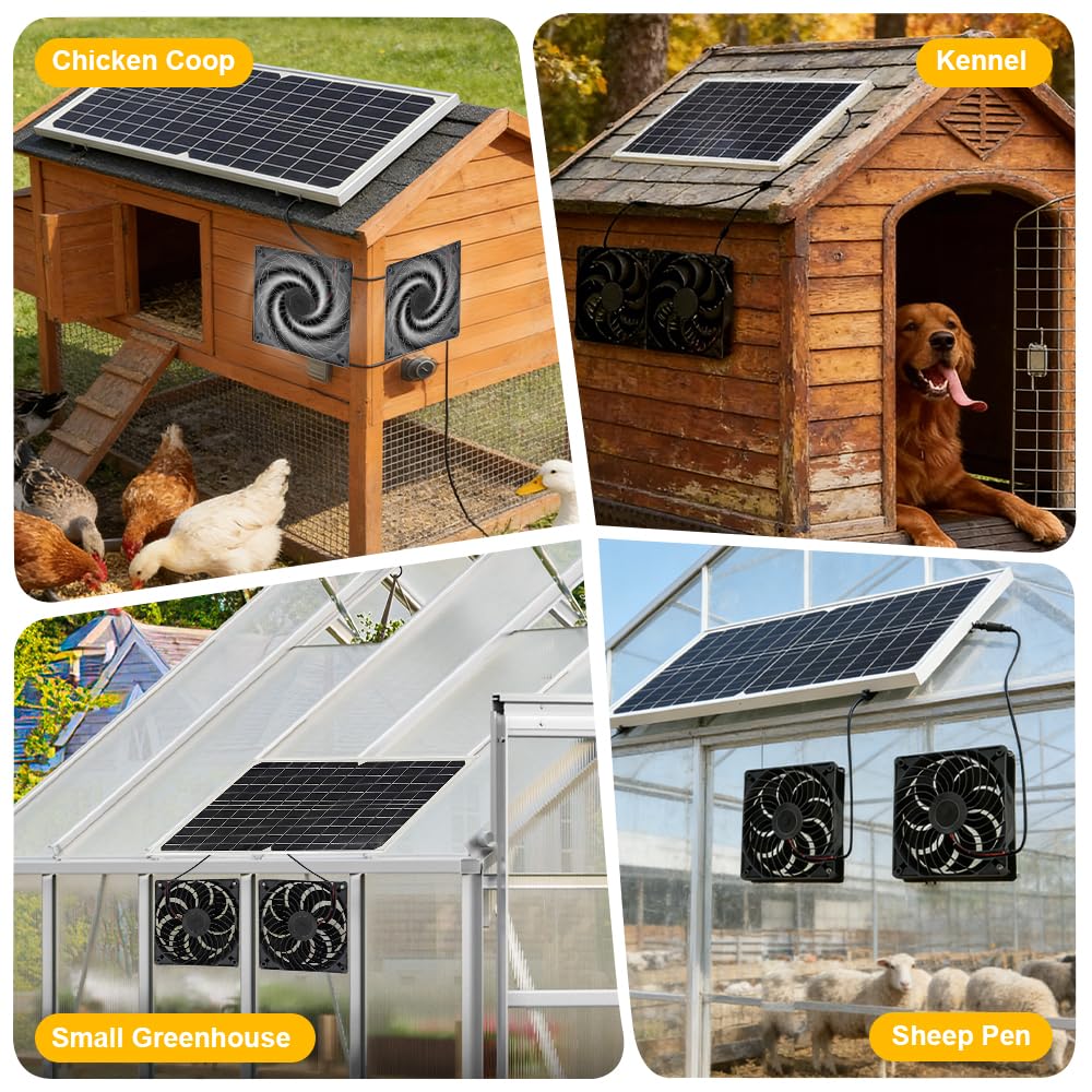Ventilateur Solaire, 16W Extracteur d'air Solaire, Étanches Double Ventilateur Énergétique avec Panneau Solaire pour Poulailler, Serres, Maisons pour Animaux, Admission ou Évacuation d'air