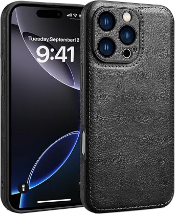 حافظة جلدية لهاتف iPhone 16 Pro Max،غطاء حماية إطار كاميرا الأعمال الفاخر من جلد البولي يوريثان الكلاسيكي العتيق،حافظة ناعمة مقاومة للانزلاق ومضادة للخدش ومقاومة للصدمات لهاتف iPhone 16 Pro MaxBlack