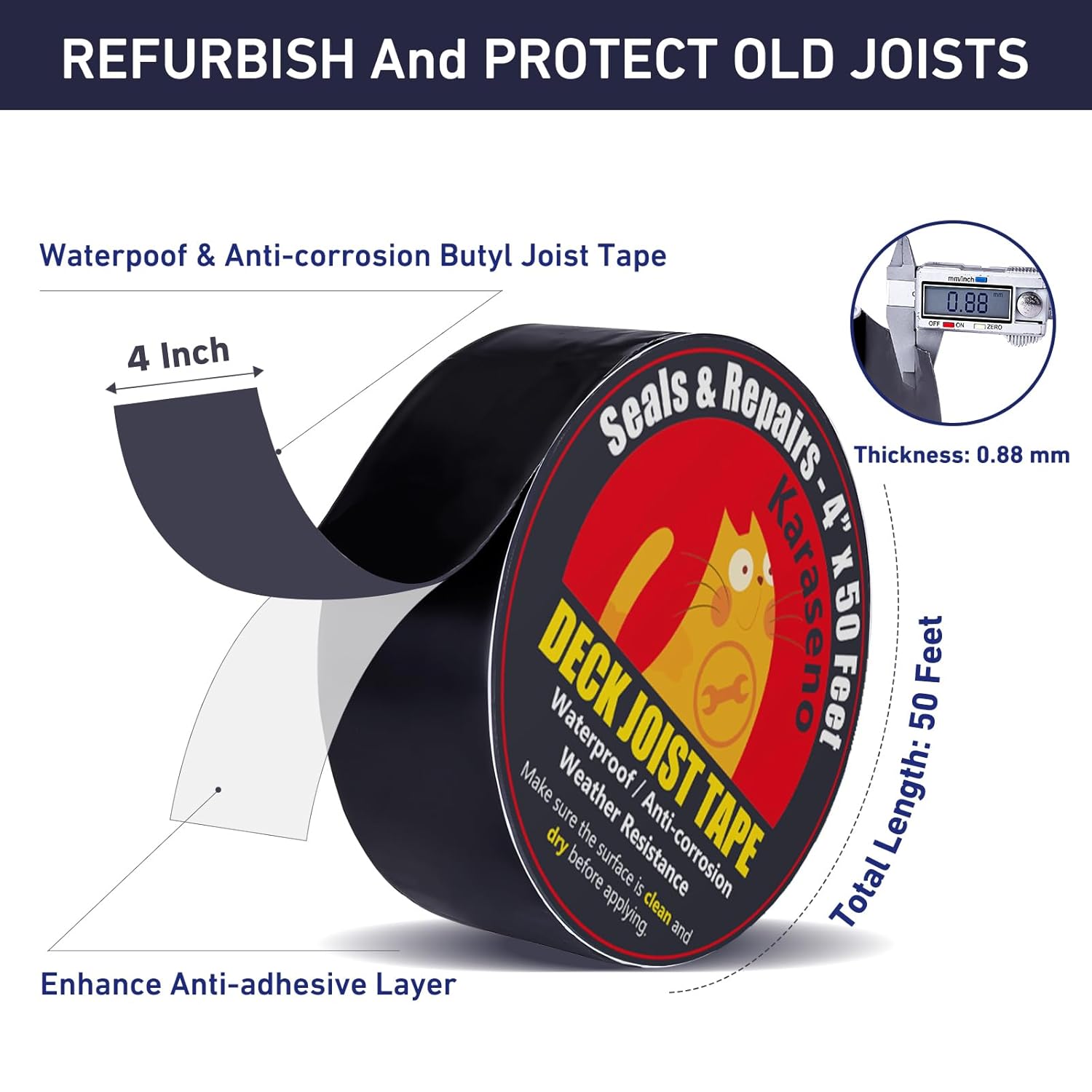 Butyl Deck Joist Tape for Decking: Butyl Sealant Tape Self Adhesive Waterproof Weather Resistance Anti-Corrosion for Wood Joists Beams Roof (4 Inch x 50 Feet | 2 Rolls)