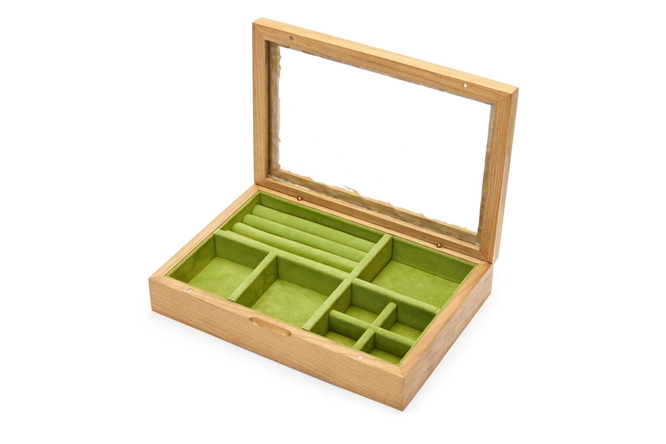 pandapark Schmuckschatulle aus Holz mit Glasdeckel, Aufbewahrungsvitrine mit mehreren Fächern, Walnussbraun (Grüne Kirsche)