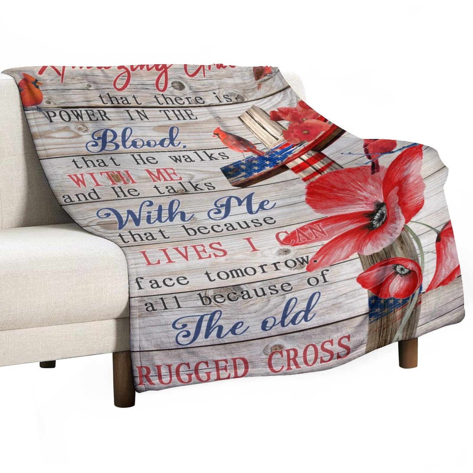 Plaid commémoratif Amazing Grace couverture douce souvenir deuil oiseau cardinal et coquelicot