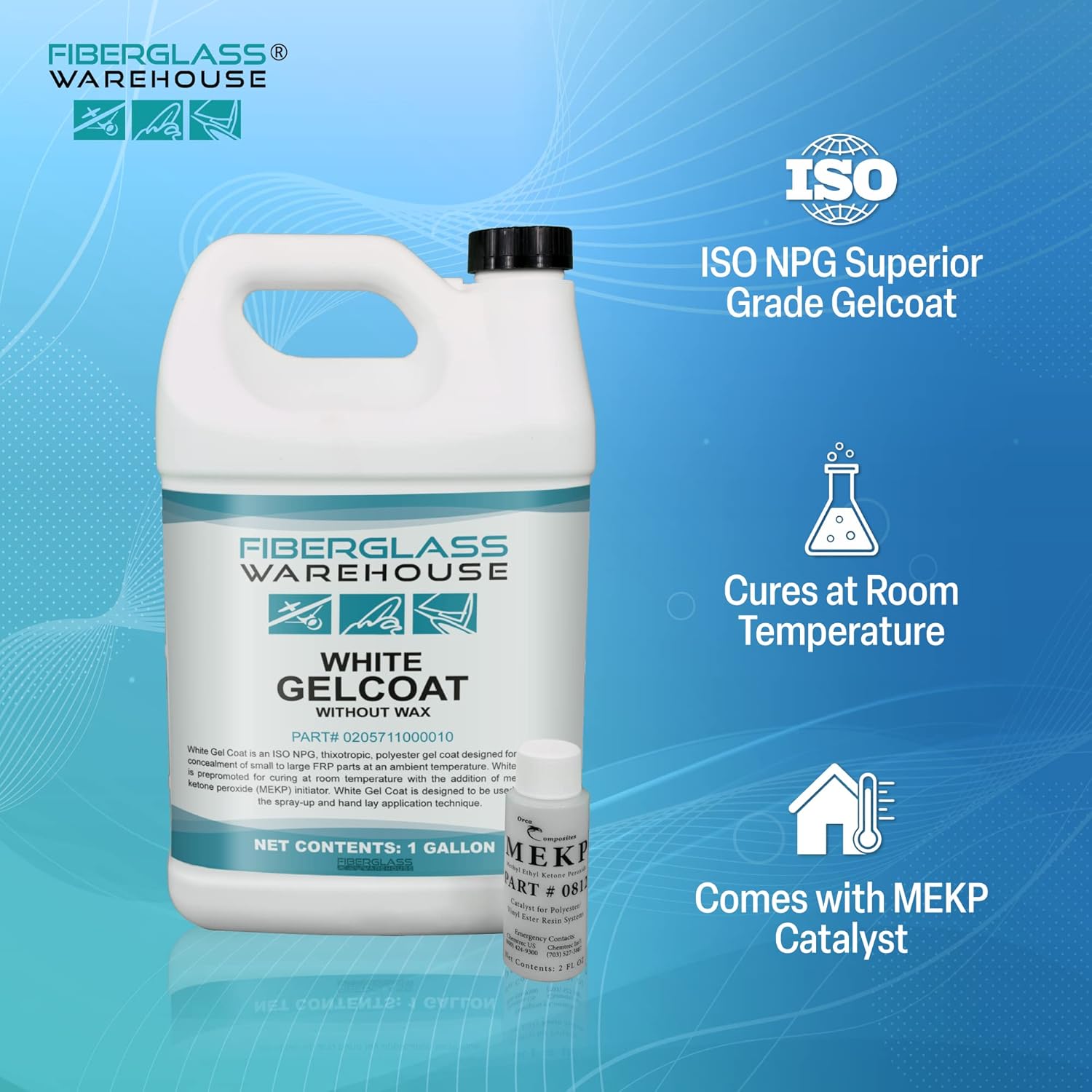 Fiberglass Warehouse Gel Coat – 1 Gallon White Gelcoat (No Wax) with 2 oz MEKP Catalyst, Easy Application Modified Polyester Resin – Durable and Safe – Ideal for Repairs, Composite Coating…