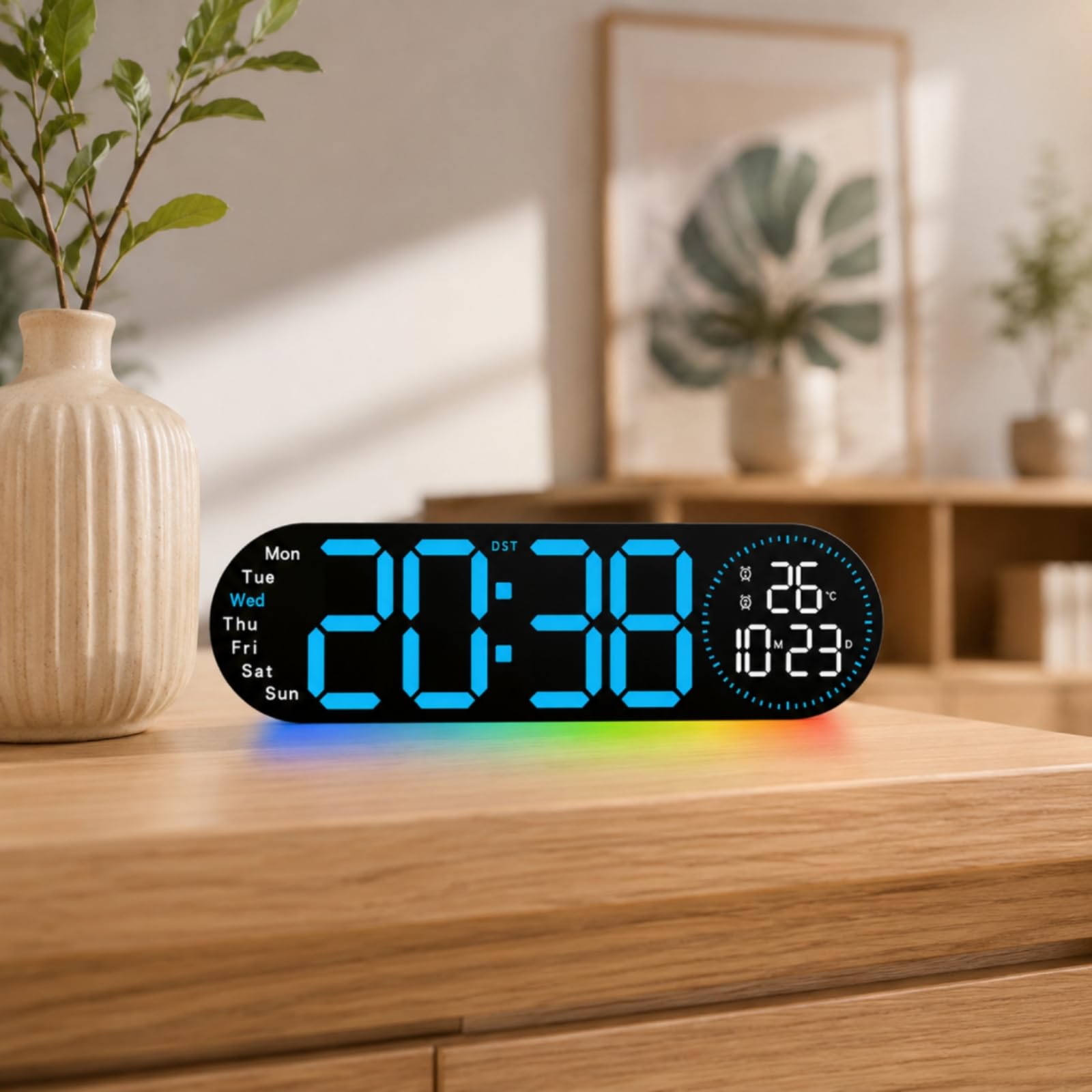 Colcolo Reloj Digital de Pared con Números Indicador a la Izquierda y Temperatura con Fecha a la Derecha Luz Ambiental Discreta y Carcasa de Plástico y PVC, Azul