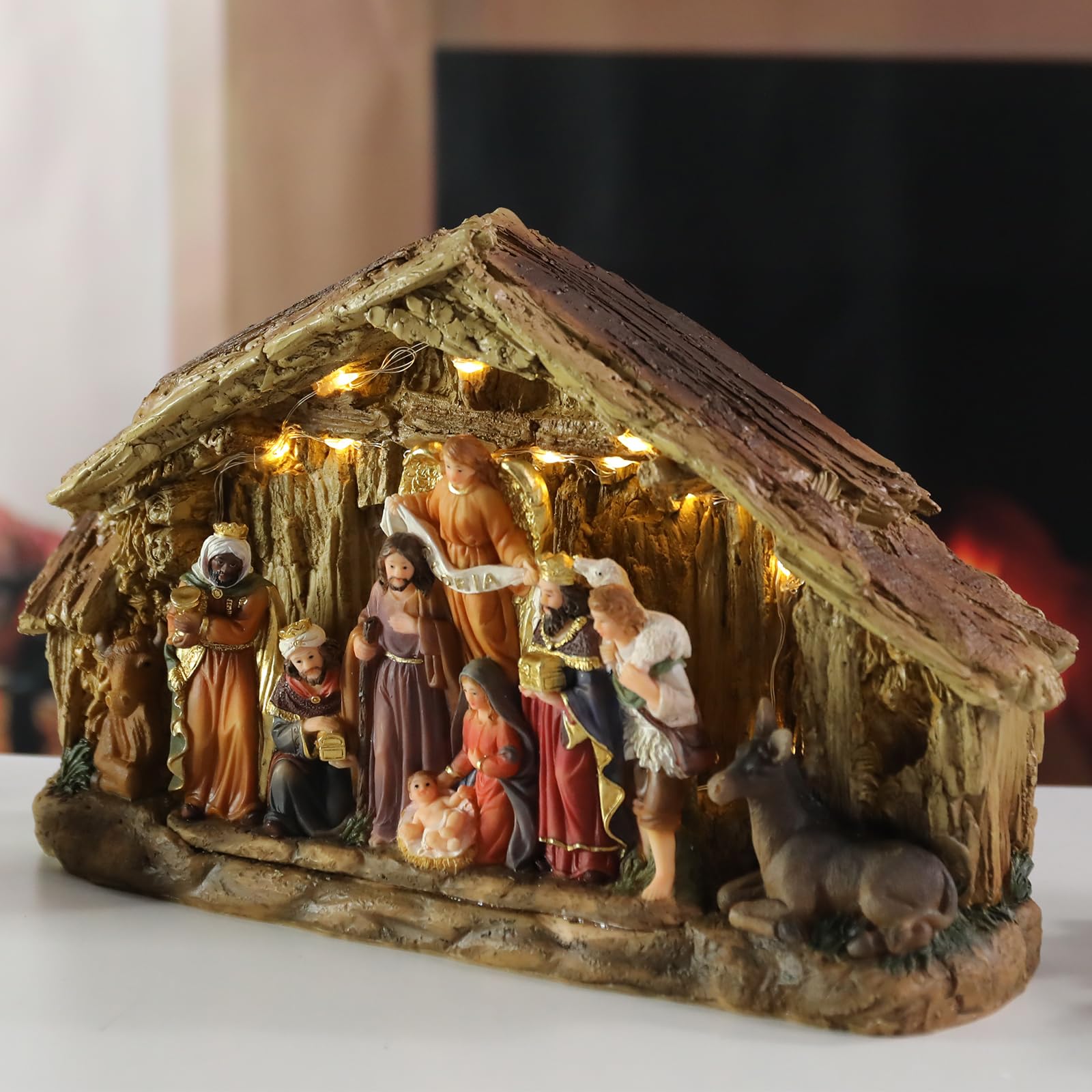 Bdor Crèche de Noël - Décoration de Noël - 29 x 8,9 x 17,8 cm - Affichage lumineux de la naissance de Jésus - Décoration de table de Noël - Scène électrique avec lumières LED