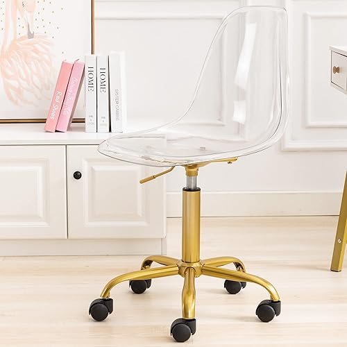 Miniatura 7 de Villeston Silla de escritorio de acrílico transparente, moderna y pequeña, sin brazos, silla de plástico Lucite Ghost con ruedas y patas doradas de