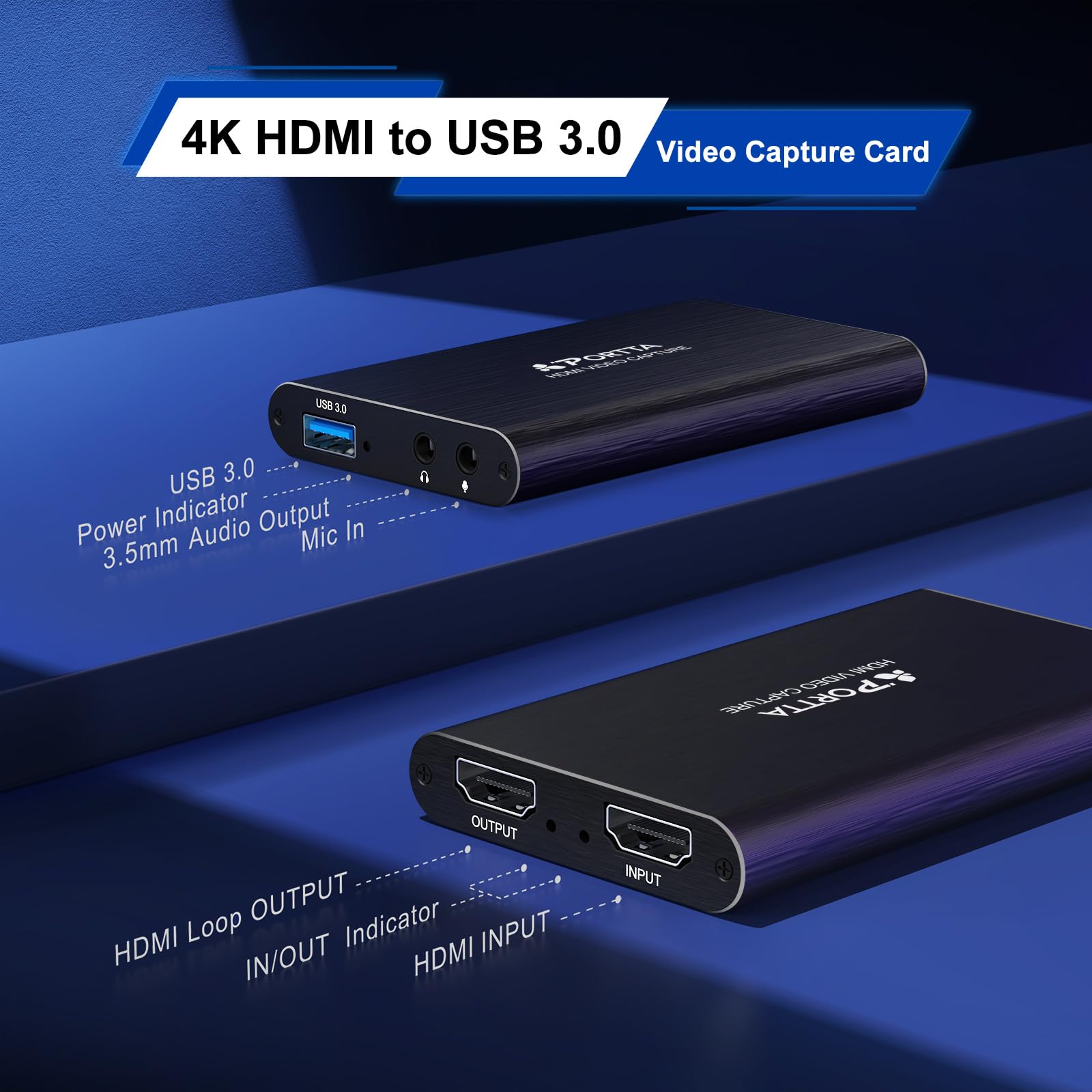 PORTTA Scheda di acquisizione video HDMI, streaming e registrazione in 1080P60 con latenza ultra bassa, ingresso/uscita loop HDMI 4K, USB 3.0 per PC compatibile con videocamera/PS4/PS5/OBS