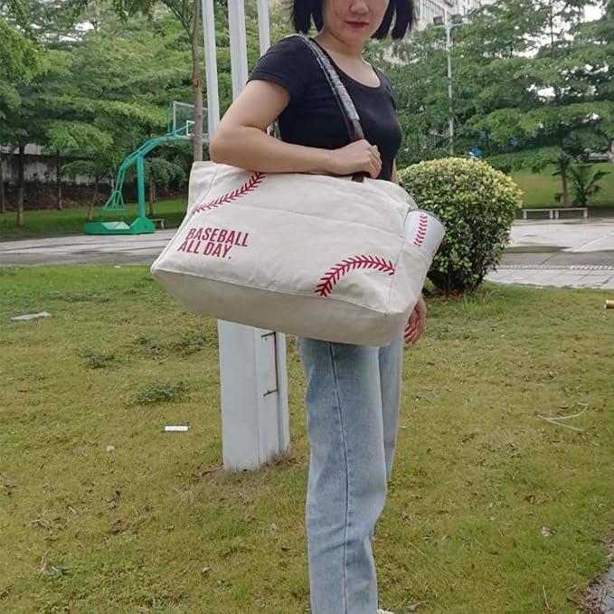 Bolso Tote XL para Mamá de Béisbol en Lona Blanca miniatura 8