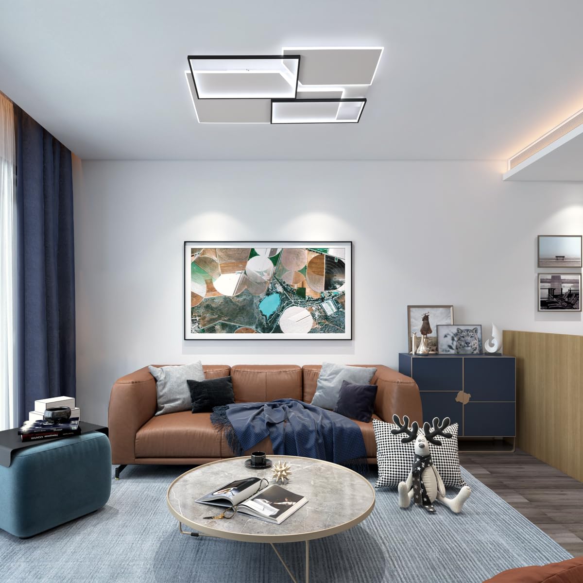 Lámpara de Techo LED 110CM, 80W 9000LM Plafón LED Regulable con Mando a Distancia, 3000K-6000K, Geometría Diseño Luz de Techo Moderna para Dormitorio, Sala de Estudio, Comedor, Negro y Blanco
