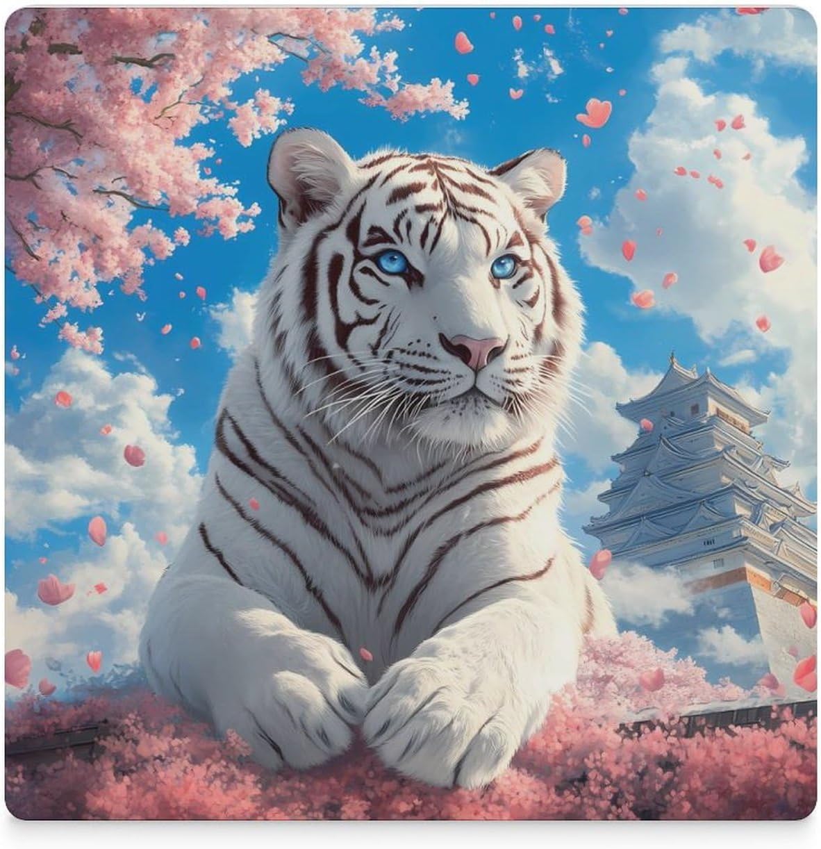 White Tiger Cherryflower Ceramic Coasters Set Square Drink Coasters Table Coaster for Kitchen Desktop Decor