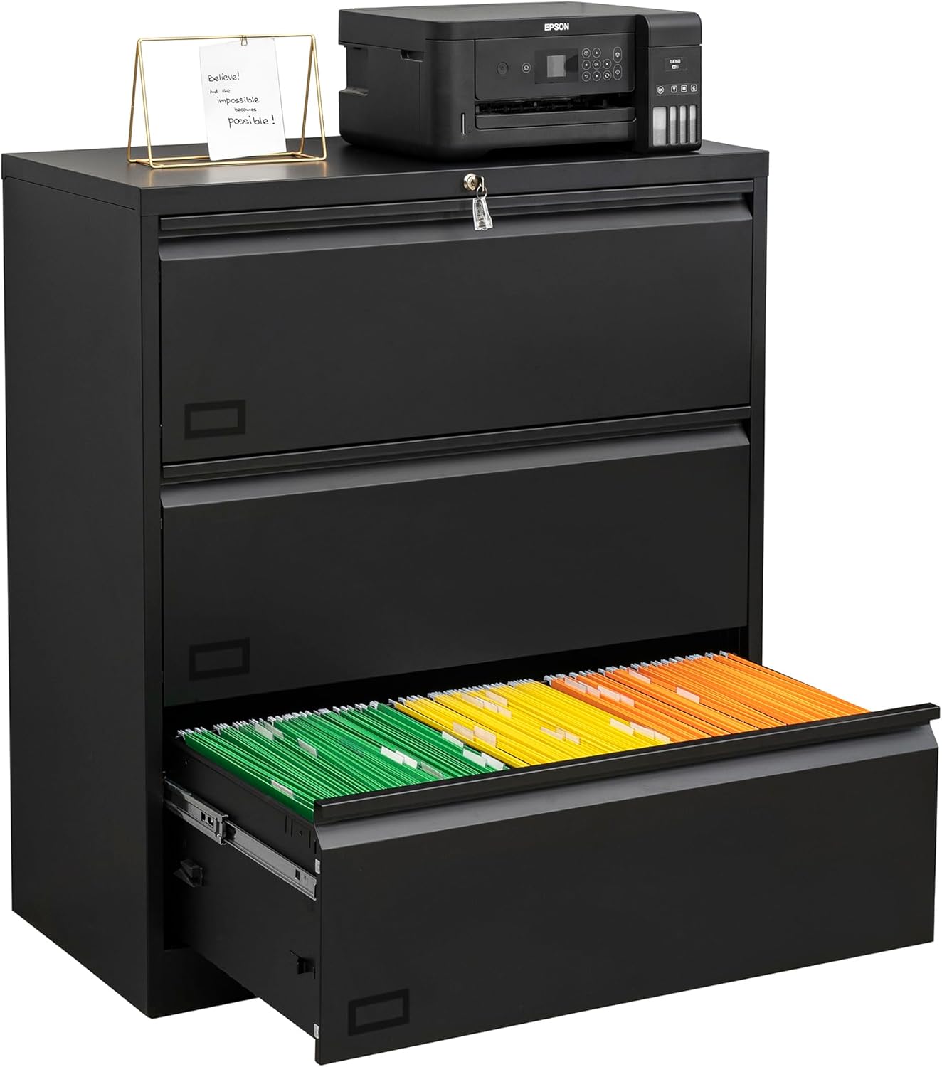 Archivador lateral con cerradura, archivadores laterales de metal inoxidable de 3 cajones, gabinetes de almacenamiento para oficina en casa para