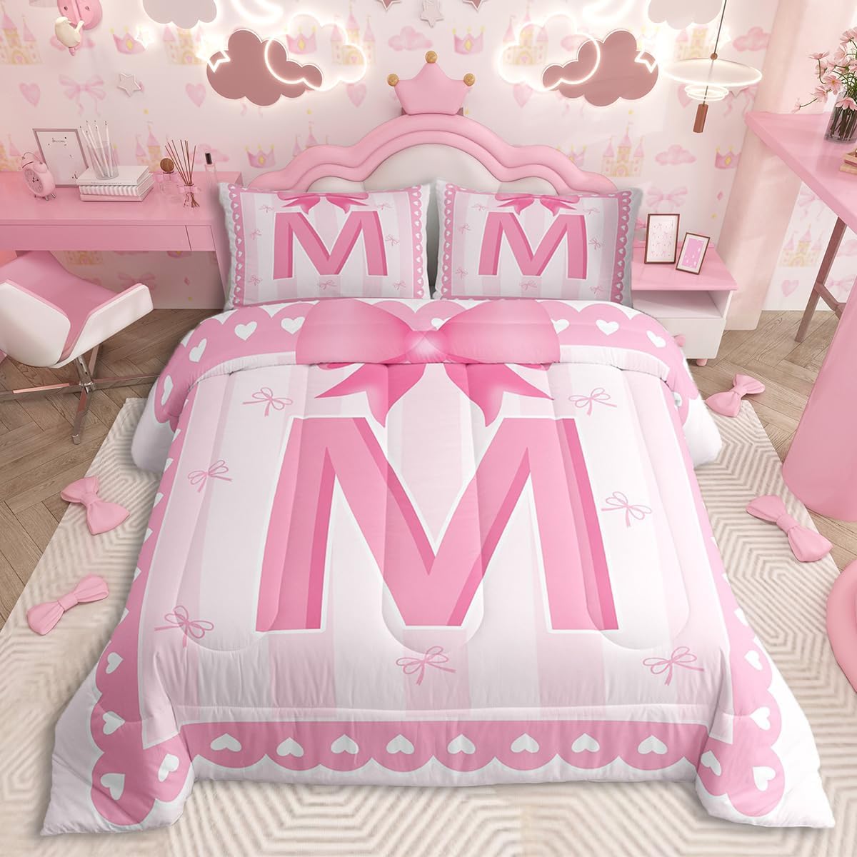 jejeloiu Pink Bow Kids Bedding Set King Size,Girl Bow Coquette Comforter Set,Initial Letter M Ultra Soft Duvet Quilt,Butterfly Knot Princess Comforter Personalized Letter M Bedroom Decor