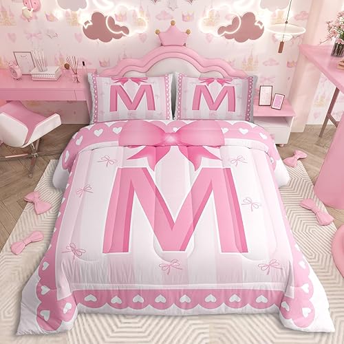 jejeloiu Pink Bow Kids Bedding Set King Size,Girl Bow Coquette Comforter Set,Ini
