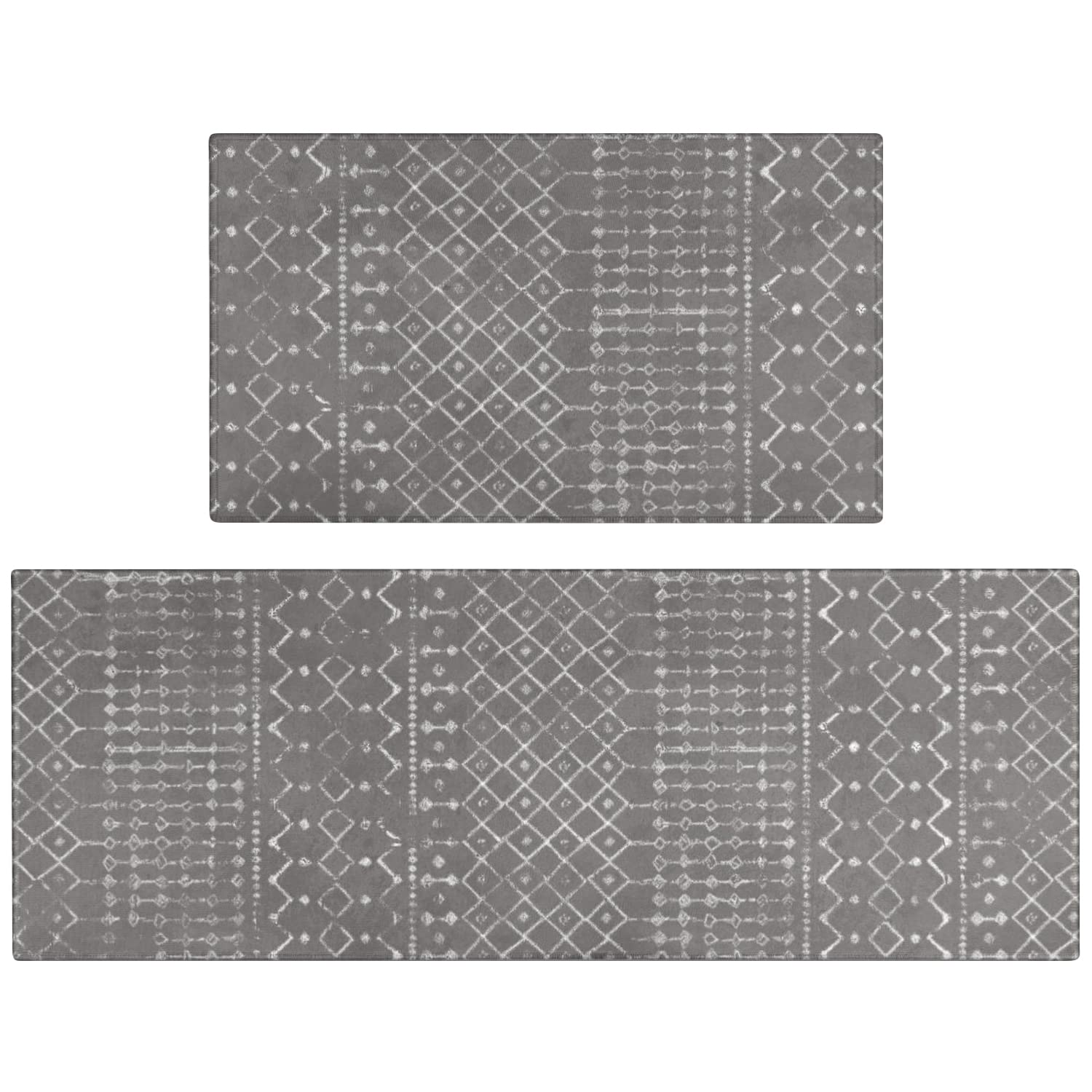 Xsinufn Boho Kitchen Mat Set of 2,Modern Farmhouse Kitchen Rugs and Mats Non Skid Washable,Moroccan Boho Runner Rugs with Rubber Backing for Kitchen Decor and Accessories (Dark Grey 17"x47"+17"x30")