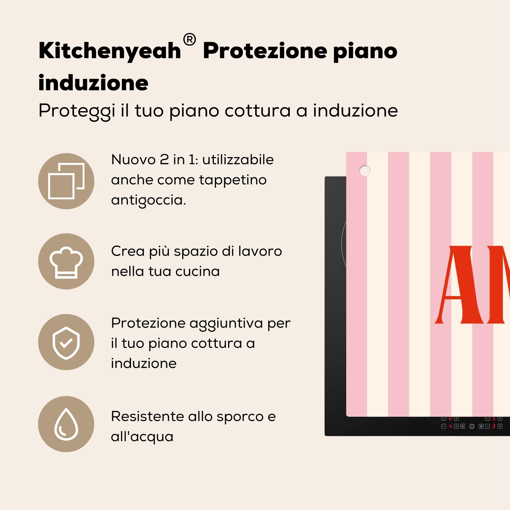 "KitchenYeah© Copri Piano Cottura 89x51 cm Cucina Coprifornelli Tappetino per Induzione Fornello Tutto la CucinaRosa tenue - Rosso - A righe - Amore"
