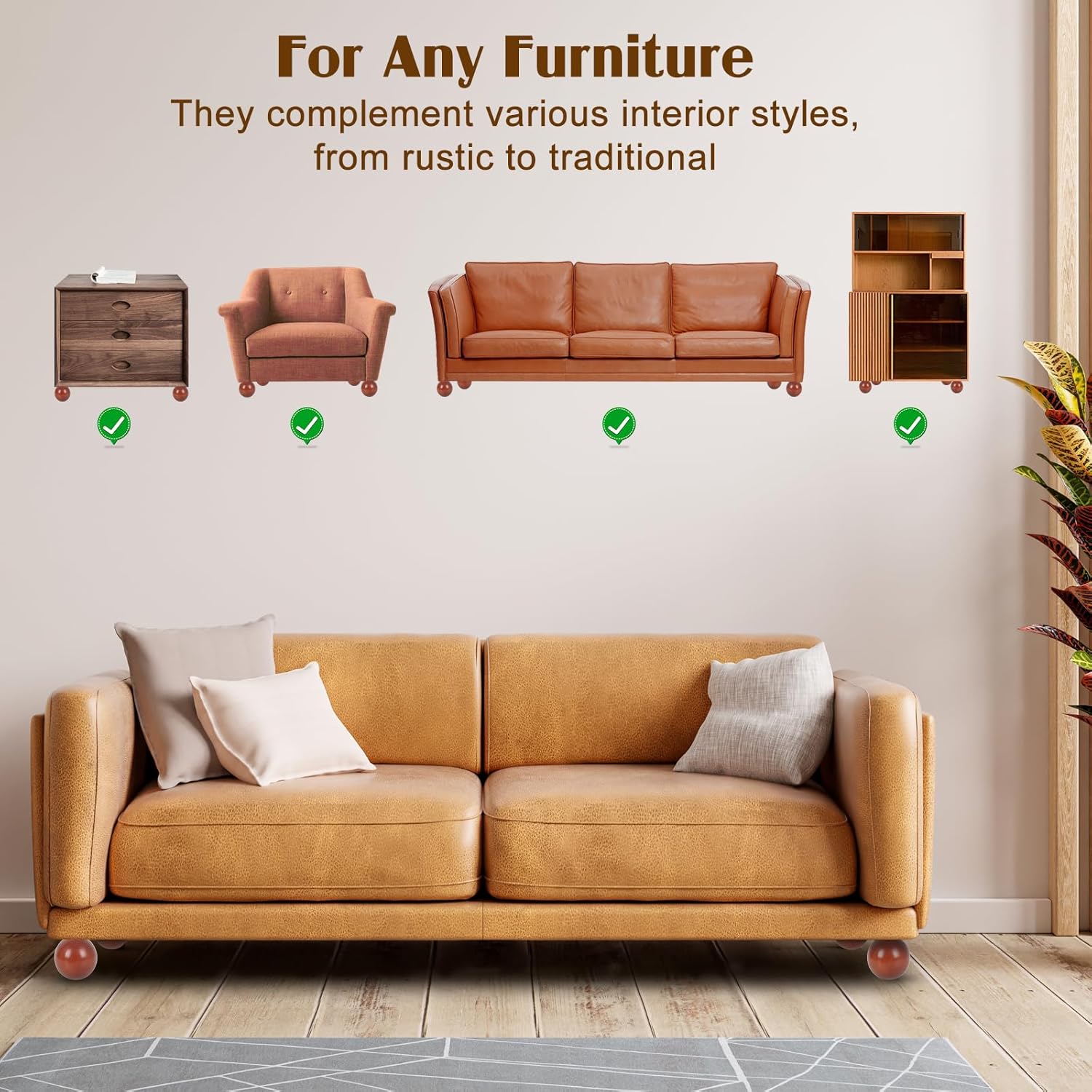 4 Inch Wooden Sofa Legs Set of 4 Walnut Wood Round Sofa Legs with Mounting Plate Screws Solid Wood Furniture Feet for Couch Bed Cabinet Bookcase Ottoman