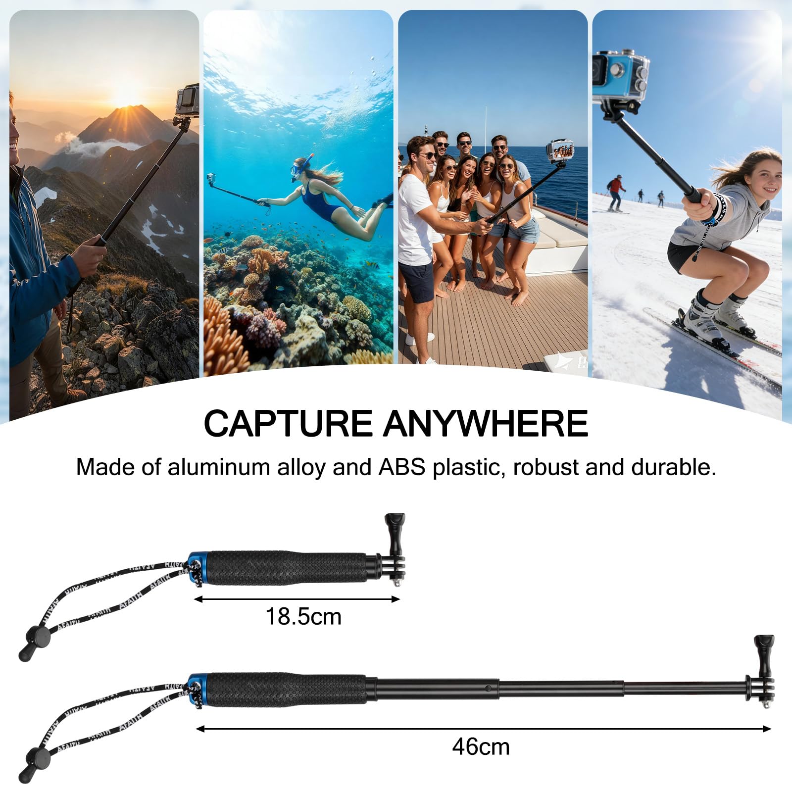 VINATO 19–49cm Selfie Stick für GoPro, Teleskopstange für Action Cam,Verstellbare Teleskop-Stick Aluminium Selfie-Stange für GoPro Hero 12/11/10/9/8/7/6 AKASO SJ4000 SJ5000 Insta360 X3 Action-Kameras