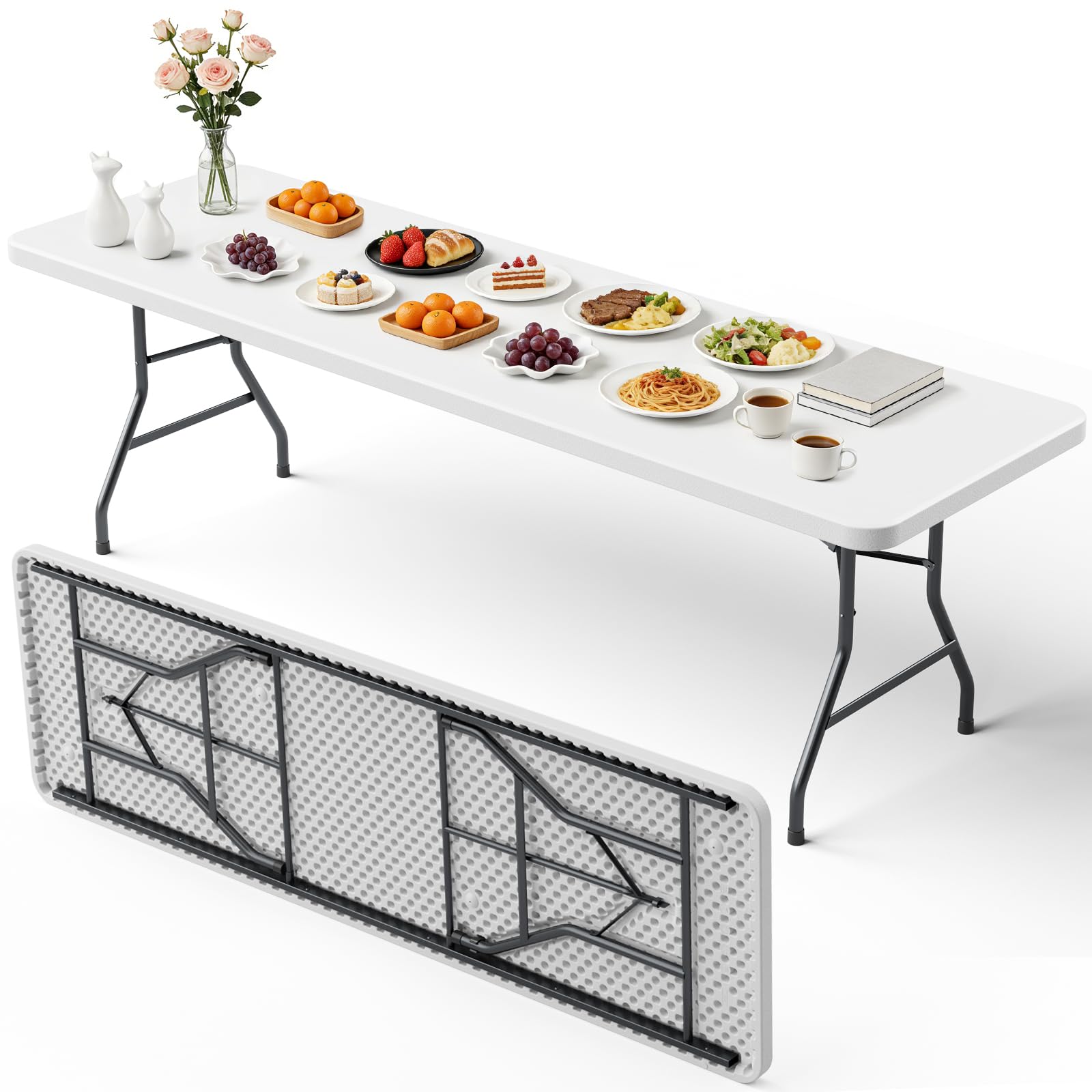 MAKE CHANGES 8ft Folding Table, Heavy Duty Plastic Card Table with Foldable Steel Legs, Metal Frame Support up to 800 lb, Portable for Indoor, Outdoor
