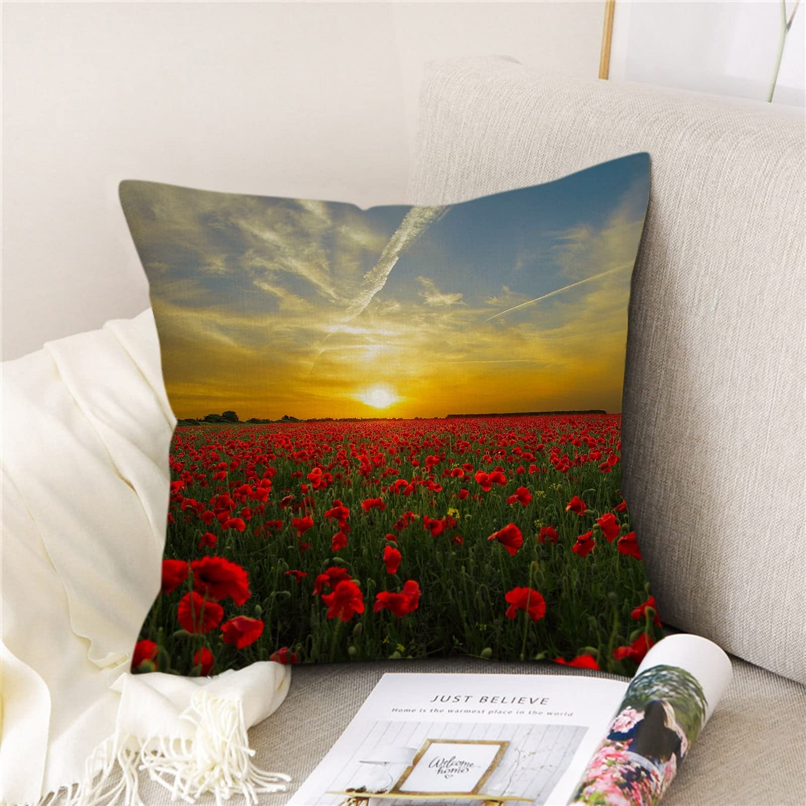 4 fundas de cojín para sofá y silla, 50 x 50 cm, funda de cojín pequeña, color rojo, verde, amarillo, puesta de sol y flores rojas, funda de almohada de lino para sala de estar