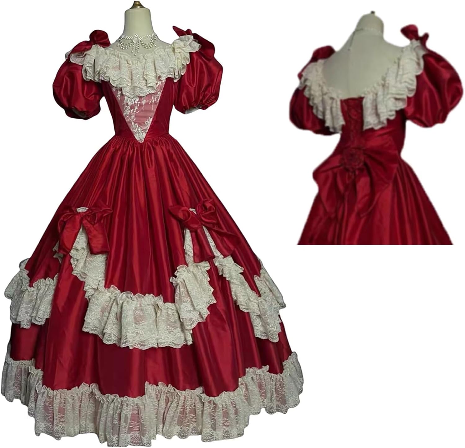 Mouccy Princess Satin Victorian Dress Short Sleeve Medieval Vintage Dresses with Bow Lace Renaissance Ball Gown for Women