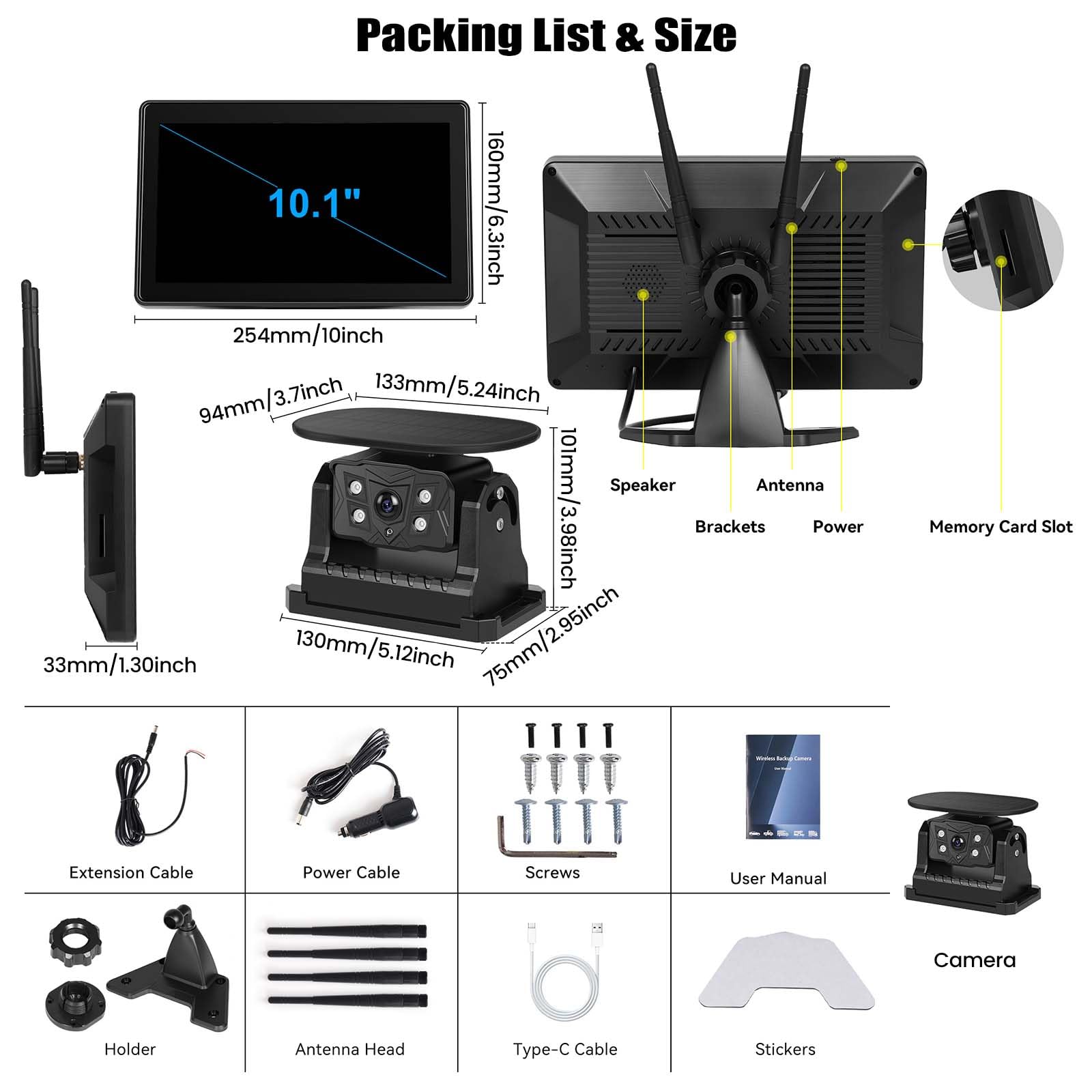 CAMECHO Cámara de Marcha Atrás Solar Inalámbrica con Monitor Táctil de 10,1 Pulgadas, 10000 mAh, Cámara Magnética 720P, IP68 Resistente, Visión Nocturna 320 pies para Coches de 12-36 V, Caravanas, SUV