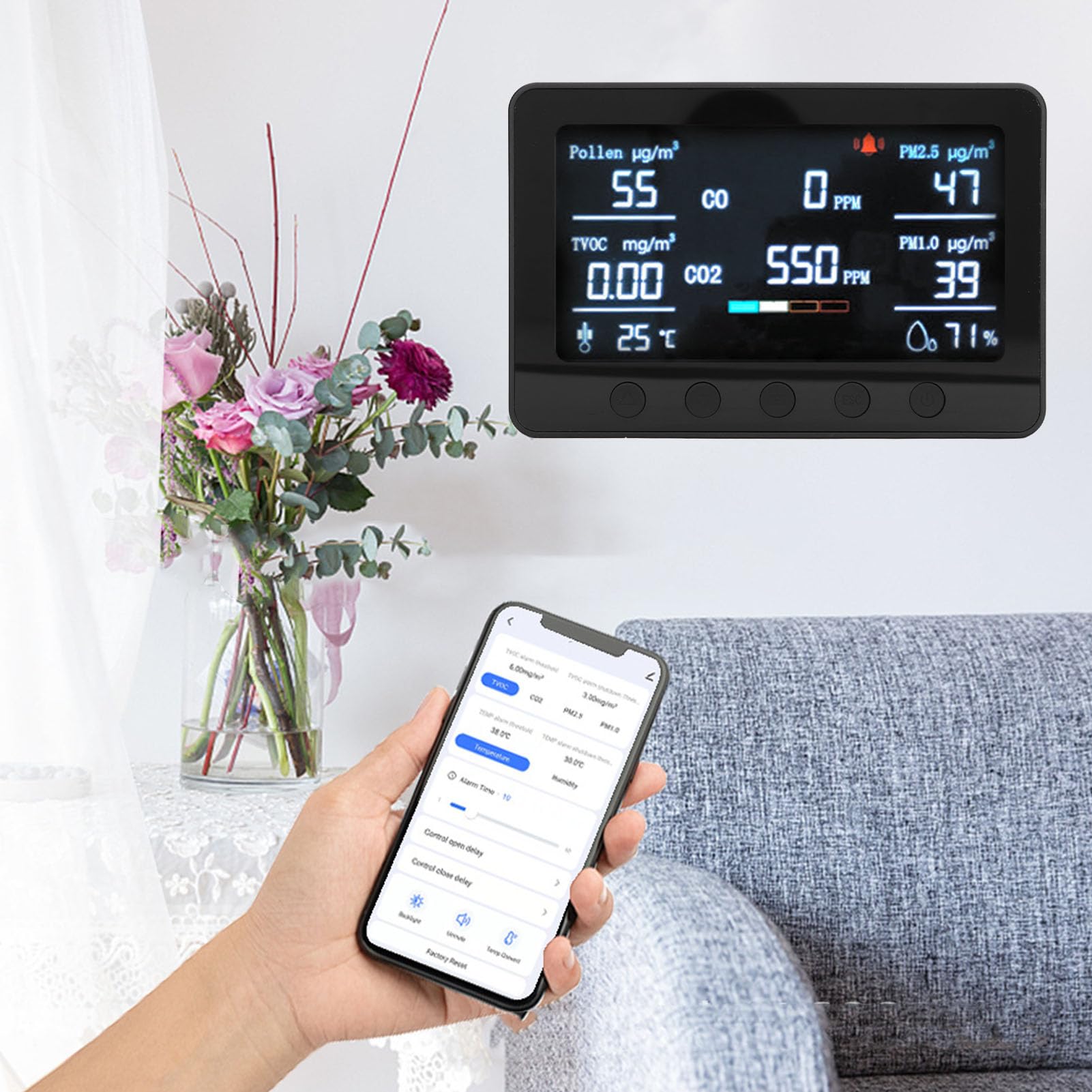 Luftqualitätsmonitor, Kohlendioxid-Detektor, Kohlendioxid-Monitor-Messgerät, CO2-Temperatur, Luftfeuchtigkeit, TVOC, PM2,5, PM1,0, Tester, Detektor, 7-Zoll-Display (EU-Stecker)