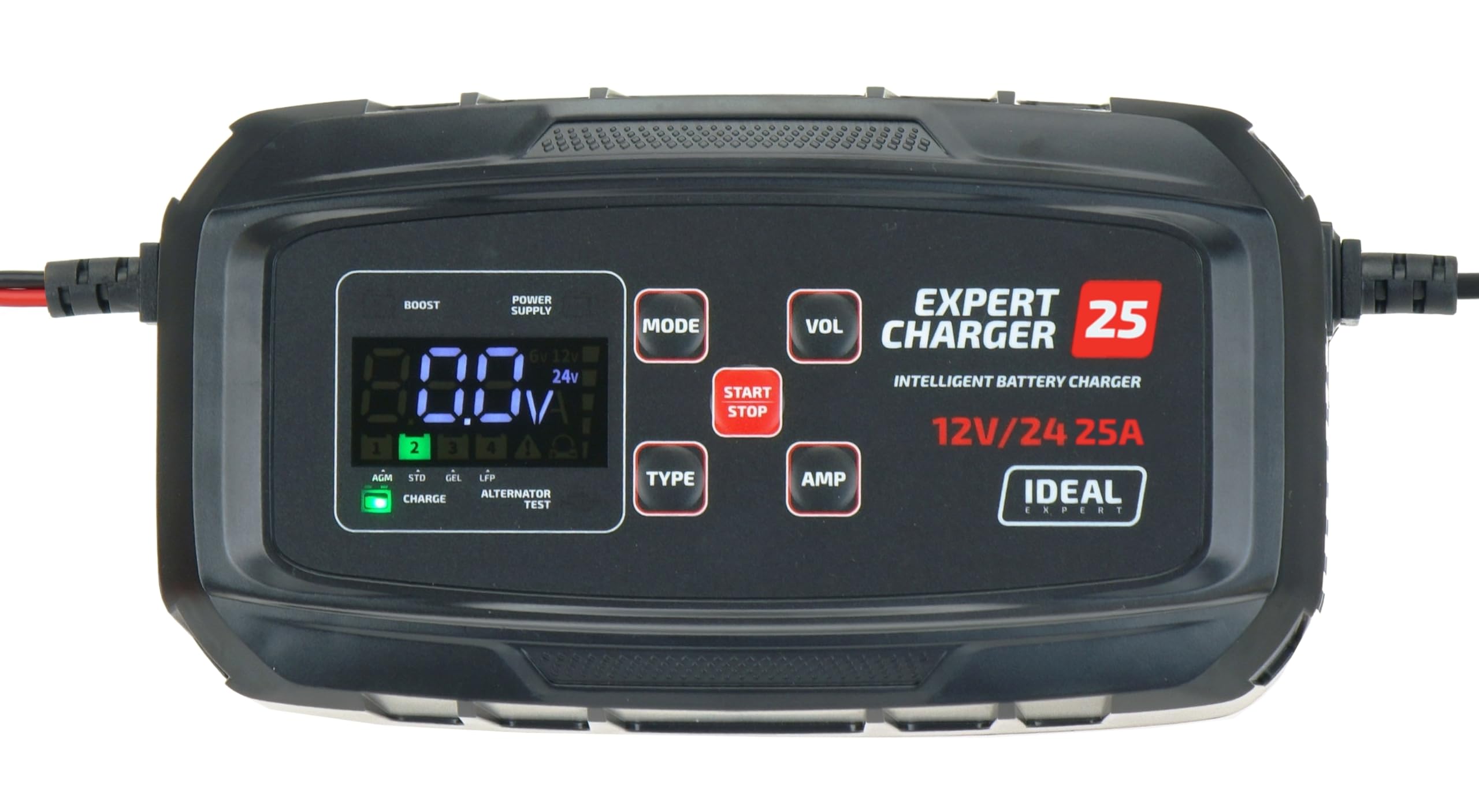IDEAL EXPERT Charger 25 batterie auto caricabatterie 12 V 24 V – 25 A caricatore rapido e caricatore di mantenimento per auto, camion e moto, caricabatterie intelligente per auto AGM Gel LiFePO4 con