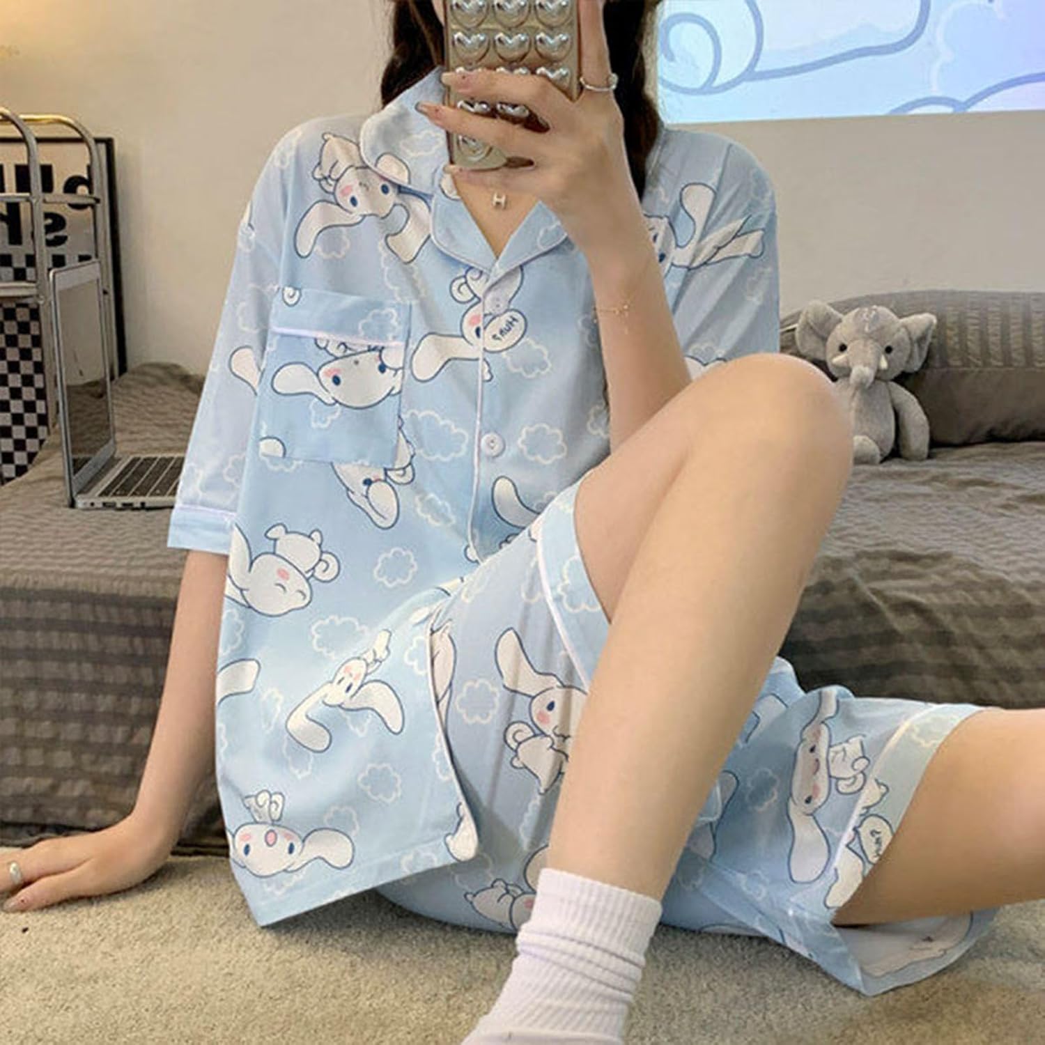 Cute Women's Pajama Sets, Cartoon Print Sleepwear Short Sleeve Shirt and Casual Short - 2 Piece - Image 2