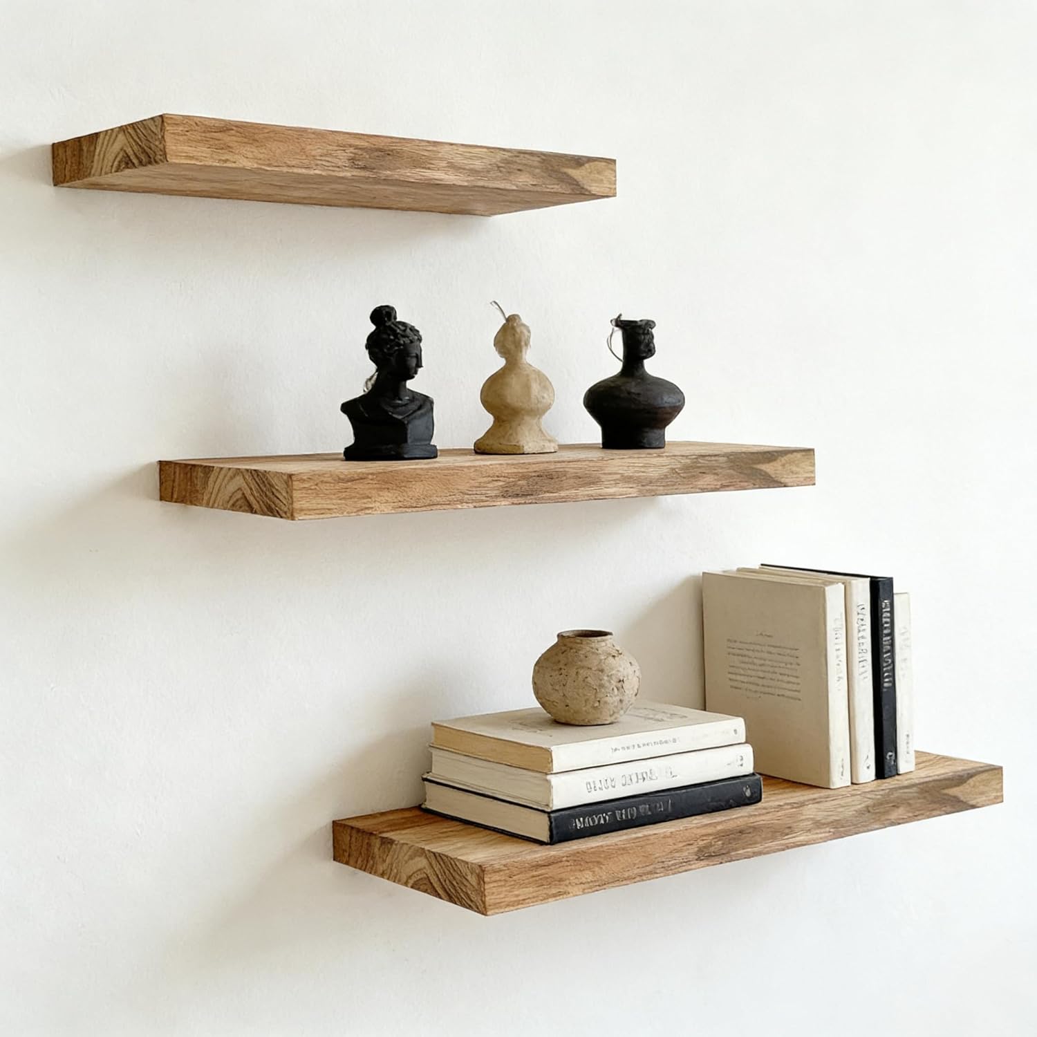 Floating Shelves for Wall, Solid Wood Wall Shelves Set of 3, Wall Mounted Floating Shelf with Hidden Brackets, Hanging Wood Shelves for Bedroom Bathroom Kitchen Living Room Storage Display