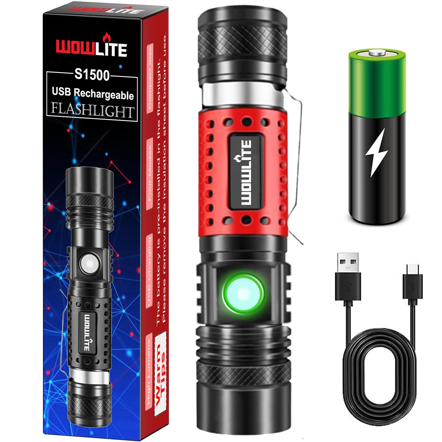 wowliteLED Torch Rechargeable, Super Bright LED Flashlight with Adjustable Brightness, Zoomable High Lumens Small Torches, Long Lasting for Camping Outdoor Home Emergency Christmas Gifts (Red)