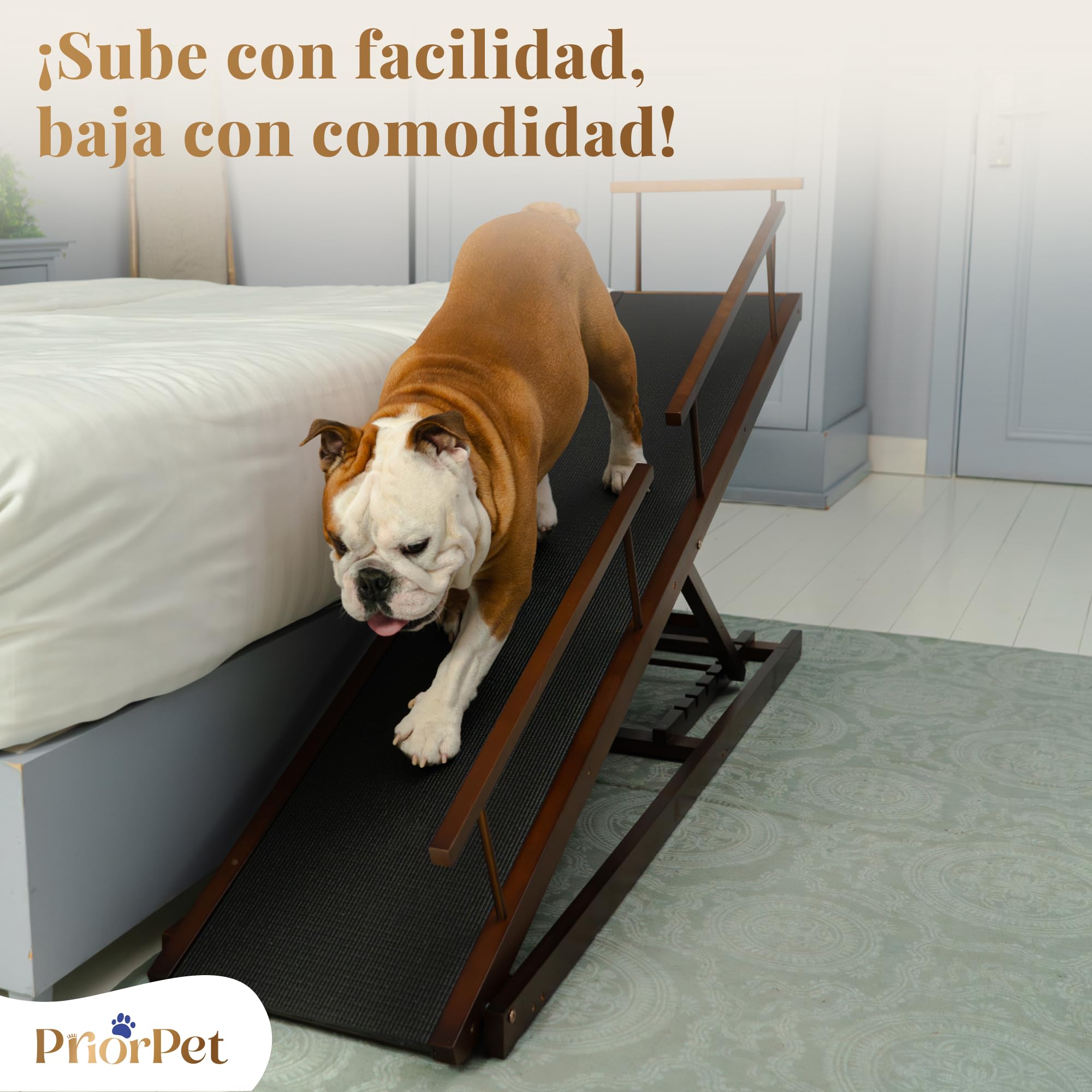 Rampa para Perros para Cama con Rieles de Seguridad PRIORPET - Madera de Abedul - Ajustable - para Camas Altas de hasta 94.5 cm - Plegable - Agarre Antideslizante - para Perros de hasta 23kg - Nuez