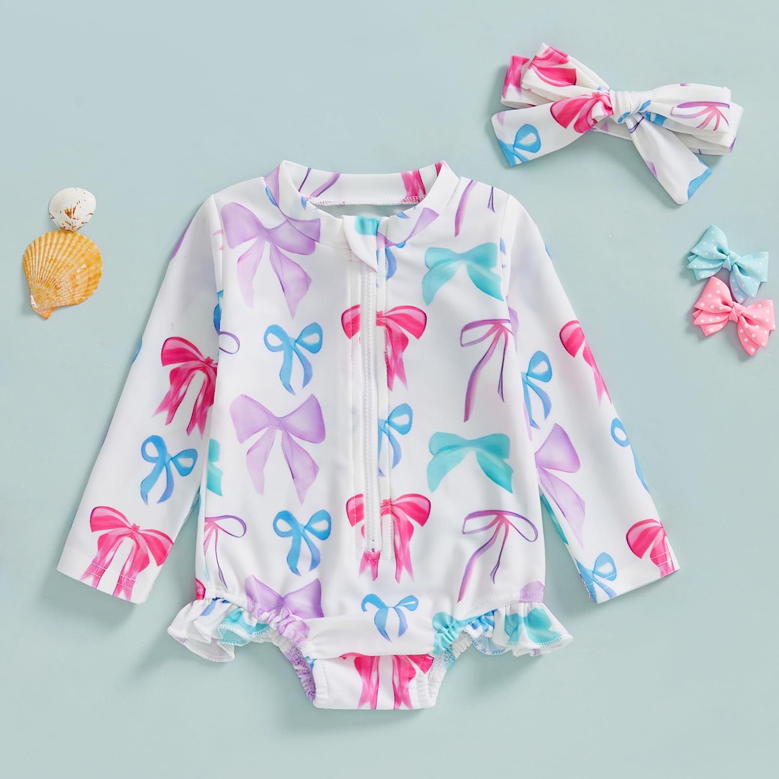 Dcohmch Baby Girl Rash Guard Swimsuit Long Sleeve Bow/Fruit Print Bathing Suit Infant Toddler Swimwear with Headband (White, 18-24 Months)