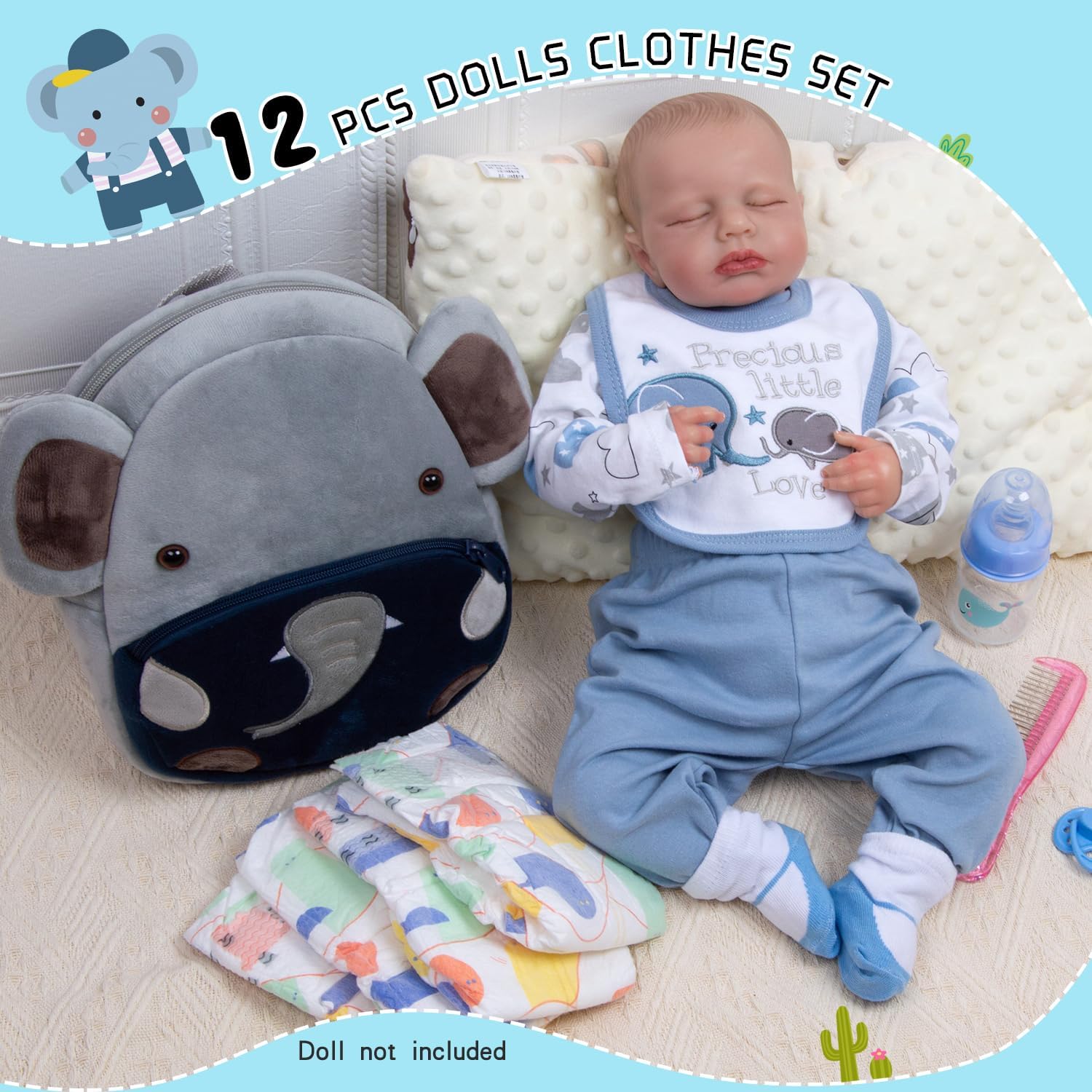 12Pcs Baby Doll Accessories 17-22 Inch Boy Reborn Doll Clothes with Diapers Backpack Bag Blue Elephant Outfits Newborn Baby Dolls Clothing