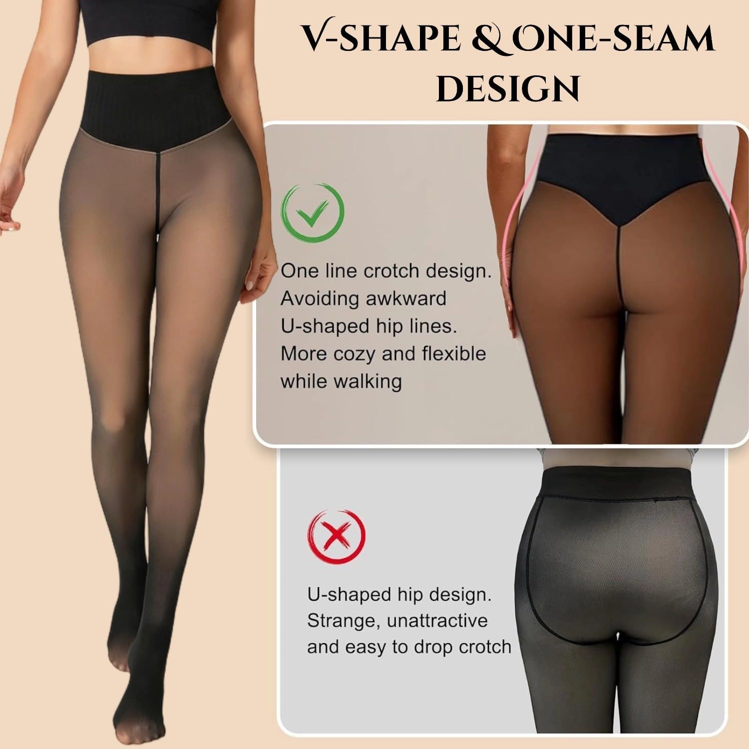 Women's Fake Sheer Thermal Tights - One-Seam Fleece Lined Leggings with Tummy Control & Butt Lifting - Image 3