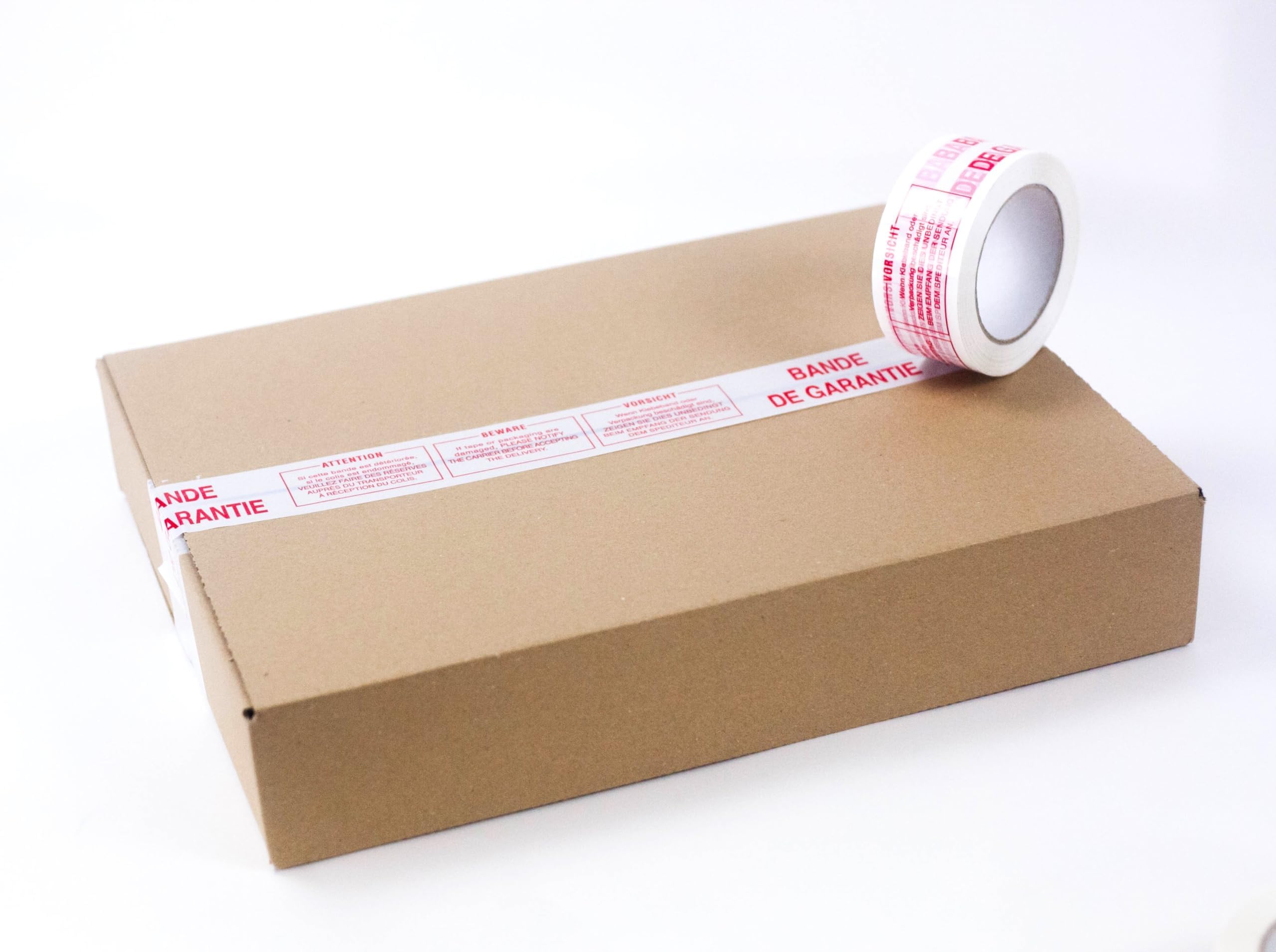 Ruban Scotch Adhésif manuel Bande de Garantie - 48mm x 100m - Blanc et Rouge - 28 microns- Lot de 36 Rouleaux - Spécial emballage pour cartons et boites - Silencieux