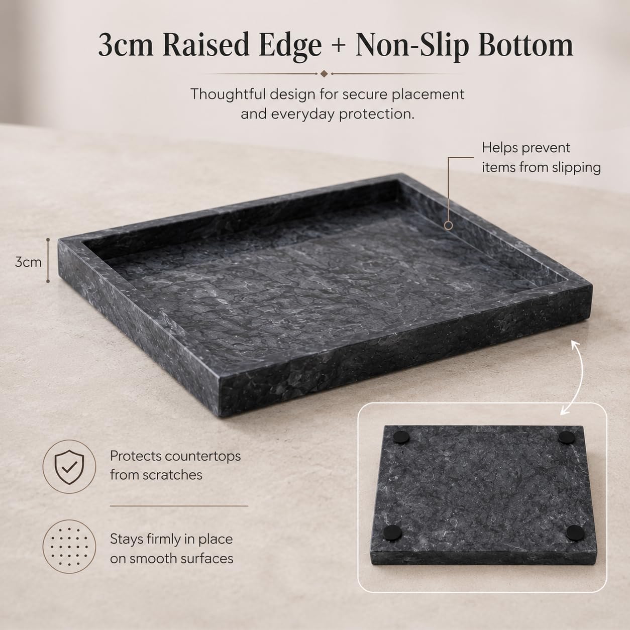 Natural Marble Decorative Tray, 11.8"x7.87" Solid Stone Serving Tray with Raised Border, Versatile Rectangle Organizer for Entryway Key, Coffee Table, Nightstand, Jewelry & Home Accent (Black)