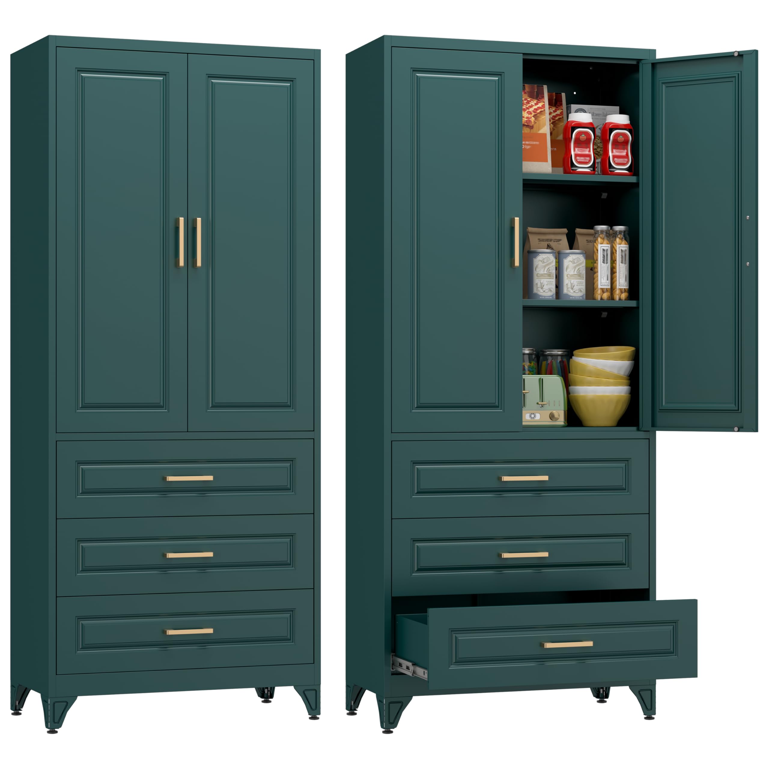 Polup 75" Metal Storage Cabinet, Kitchen Pantry Cabinet with 3 Drawers